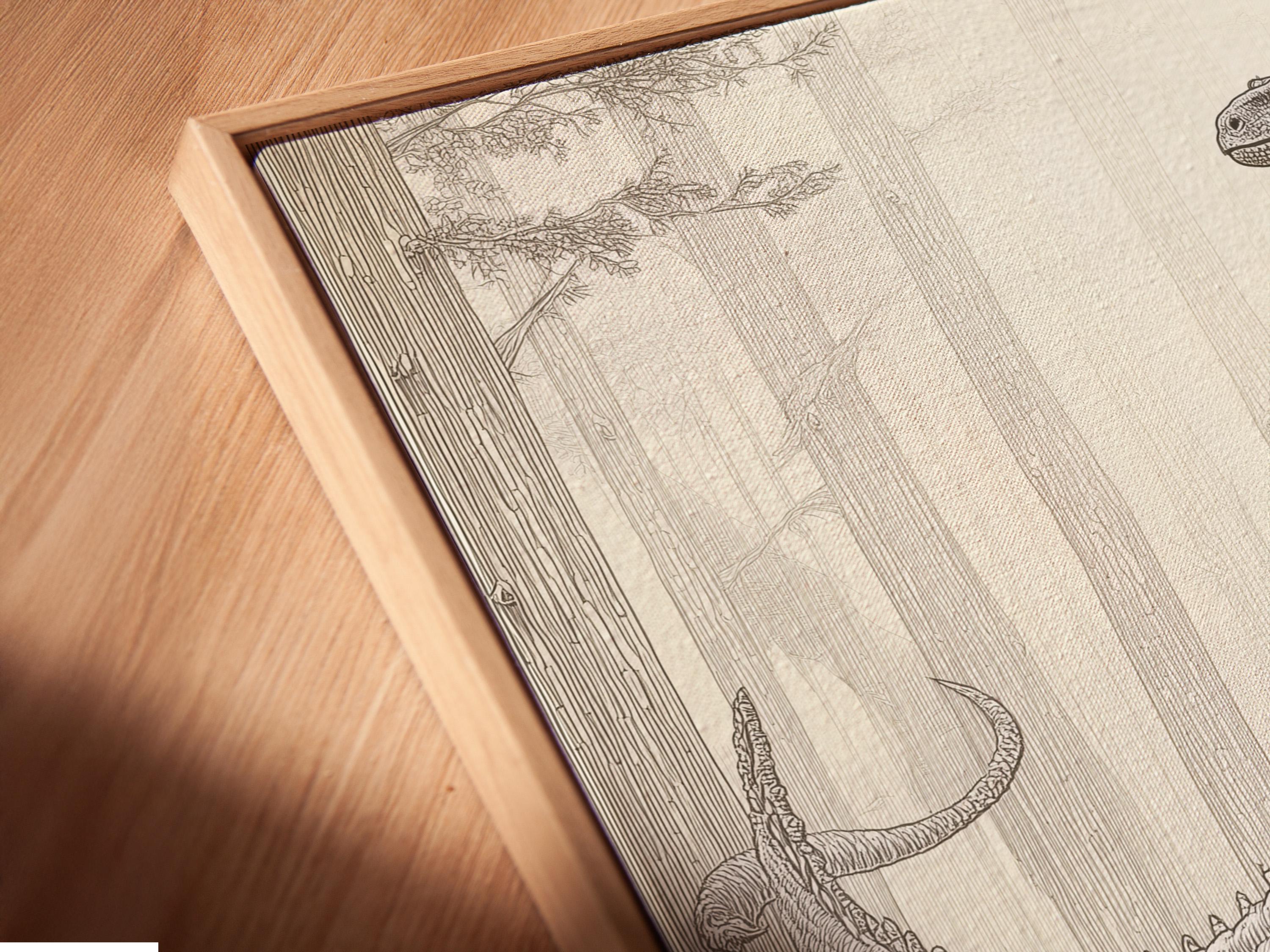 Neutral brontosaurus dinosaur sketch with a forest background in beige and charcoal grey linework detail view