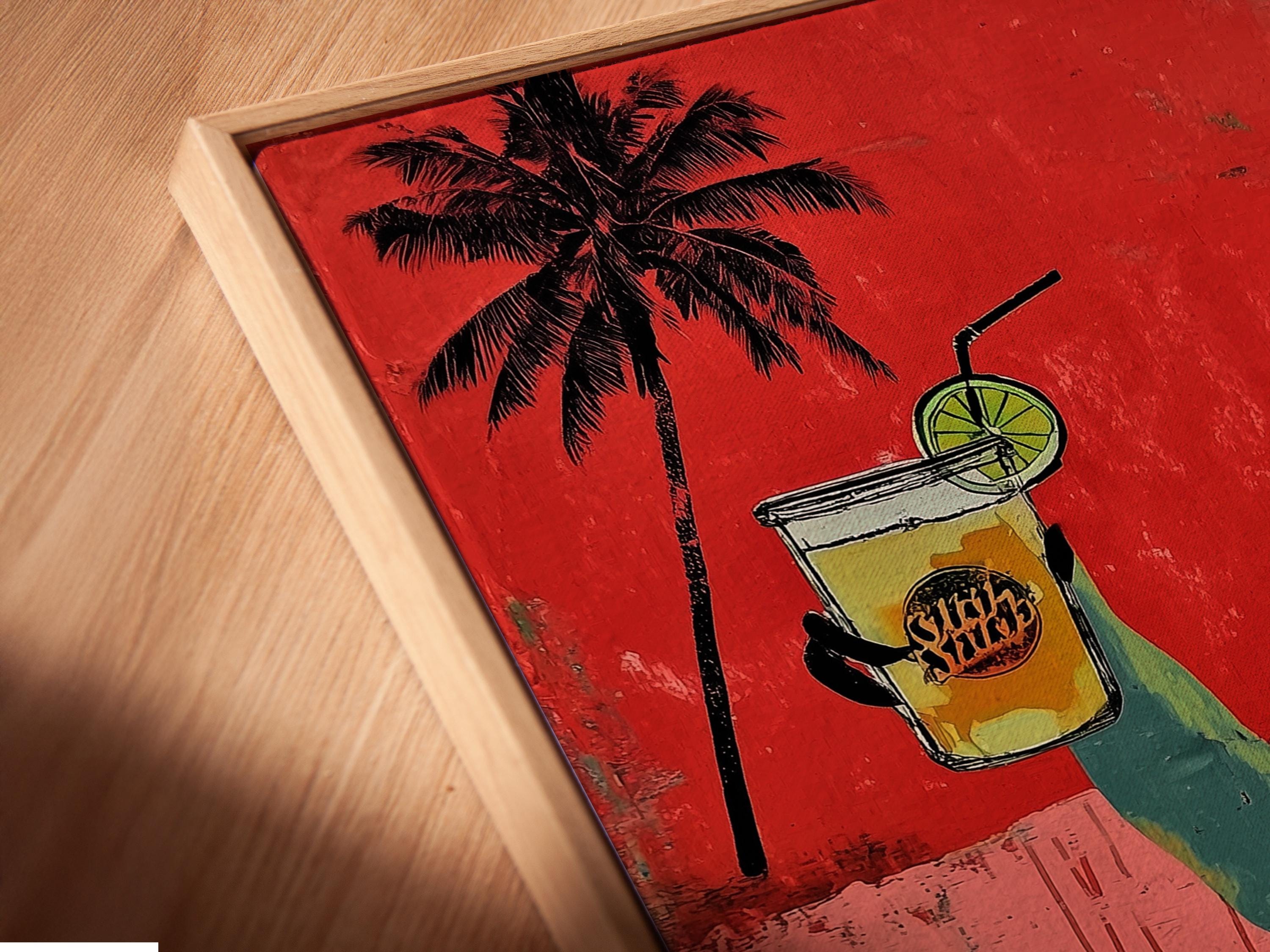 Cartoon sloth with round goggles holding a green drink with straw and lime slice, beside a palm tree on a red textured background detail view