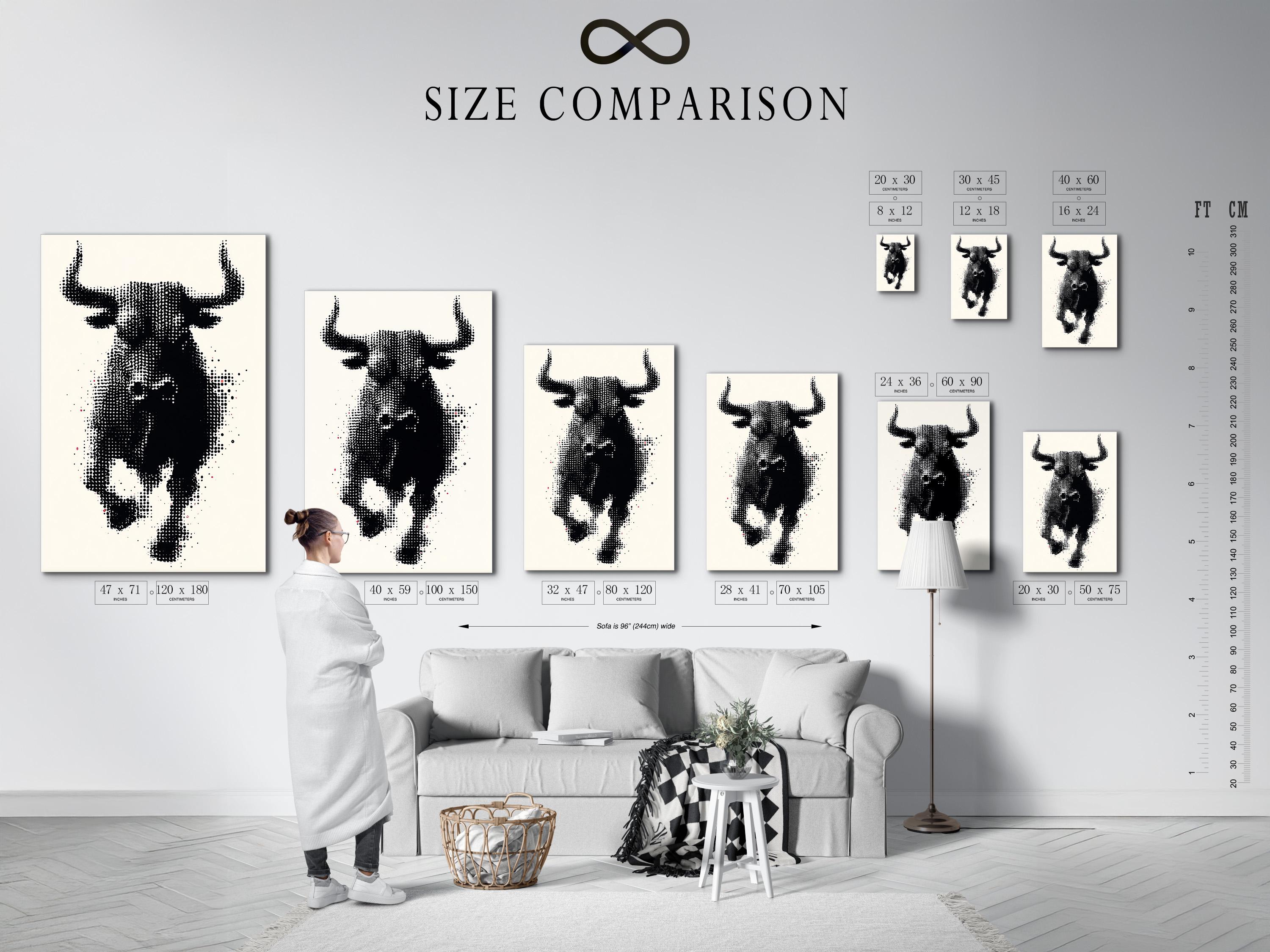 Black and white halftone bull head artwork with horns detail view