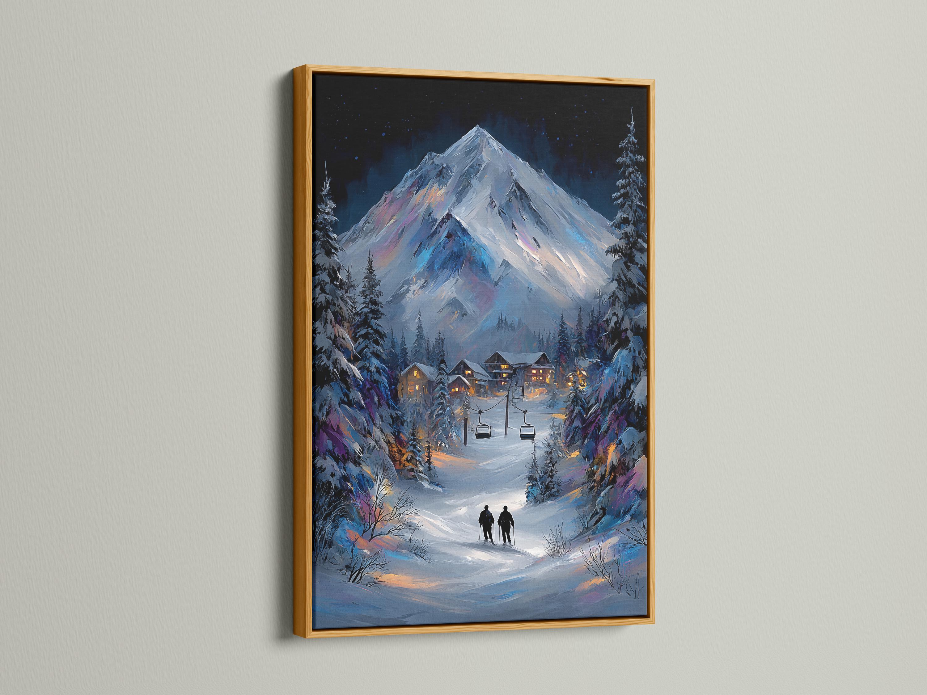 Snowy mountain night scene with pine trees, a ski village and warm lit windows under stars detail view