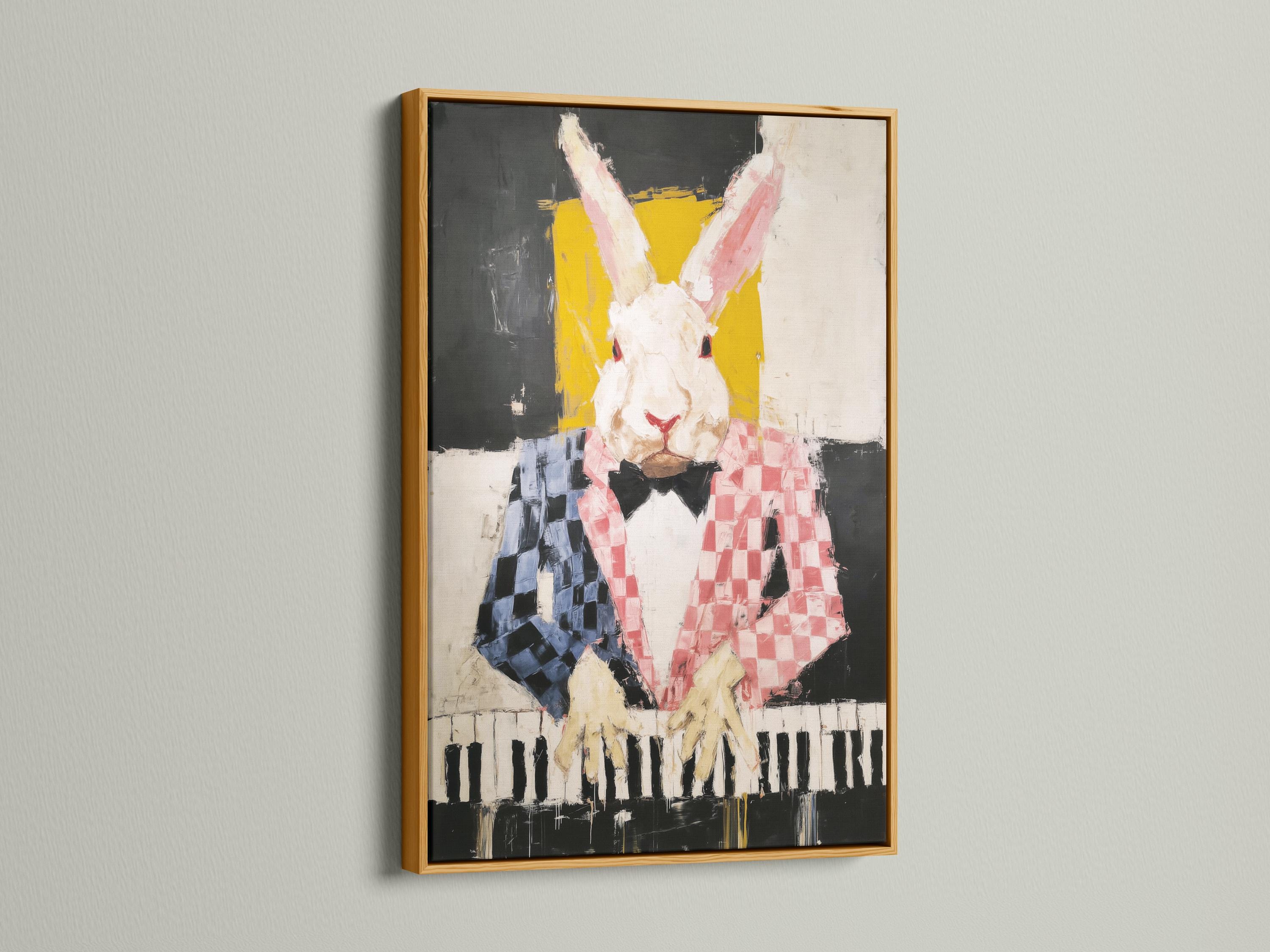 Stylised rabbit playing piano artwork with black, yellow and pink colours detail view