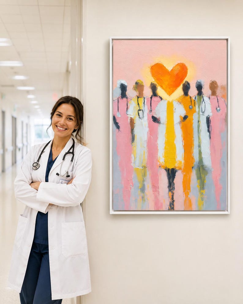 Orange heart above stylised healthcare worker figures on a pink painterly background