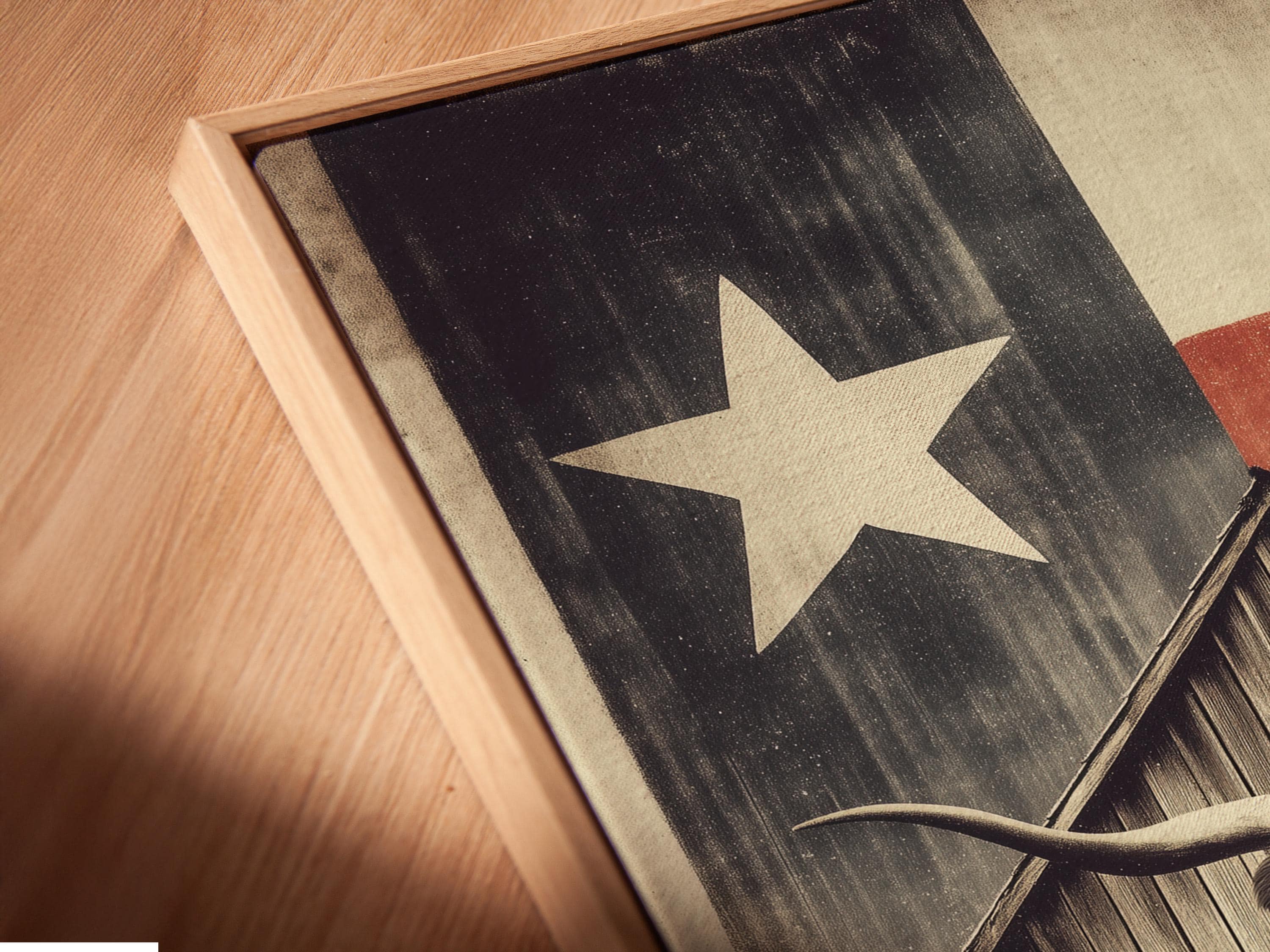 Longhorn steer illustration beneath a barn silhouette and a five-point star on a distressed sepia and charcoal background detail view