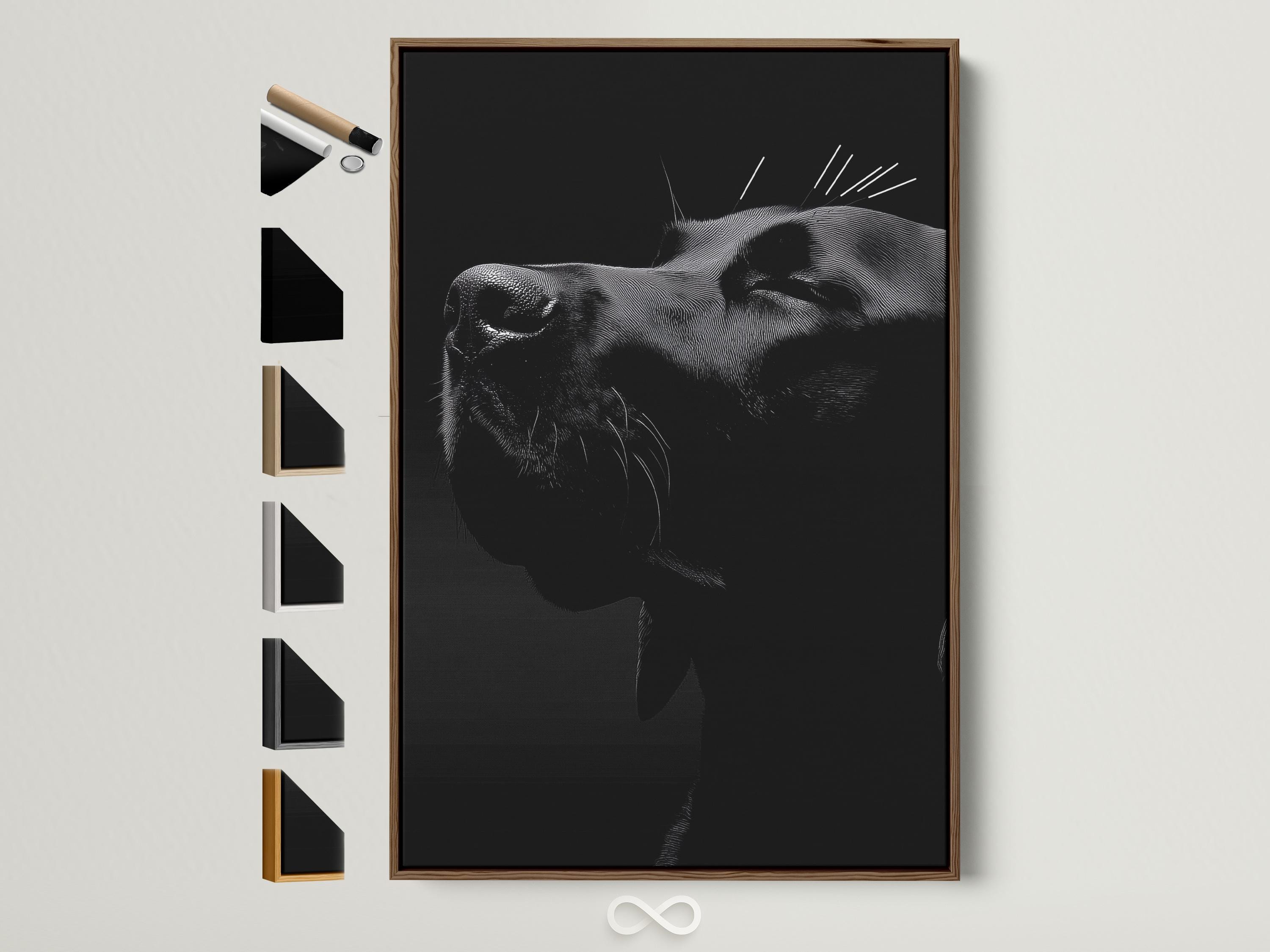 Monochrome dog portrait with crosshatched shading on a dark background