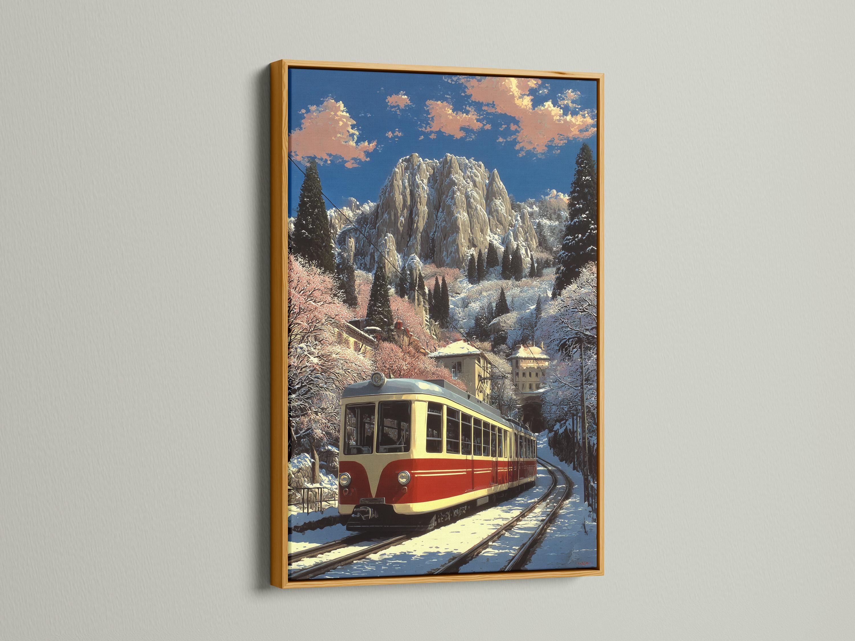 Winter mountain railway scene with a vintage train curving along snowy tracks detail view
