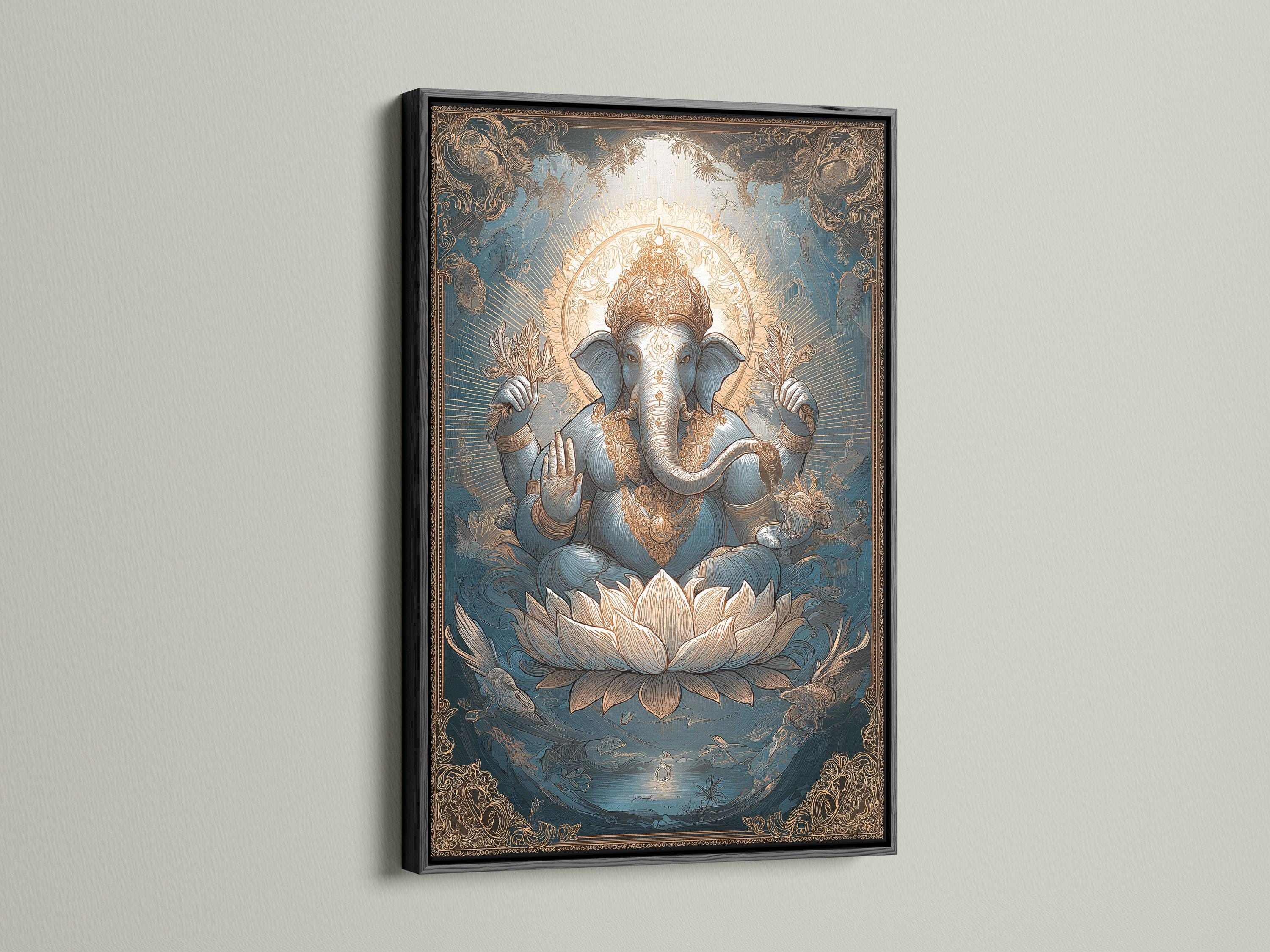 Ornate teal and gold illustration of an elephant-headed deity seated on a lotus detail view