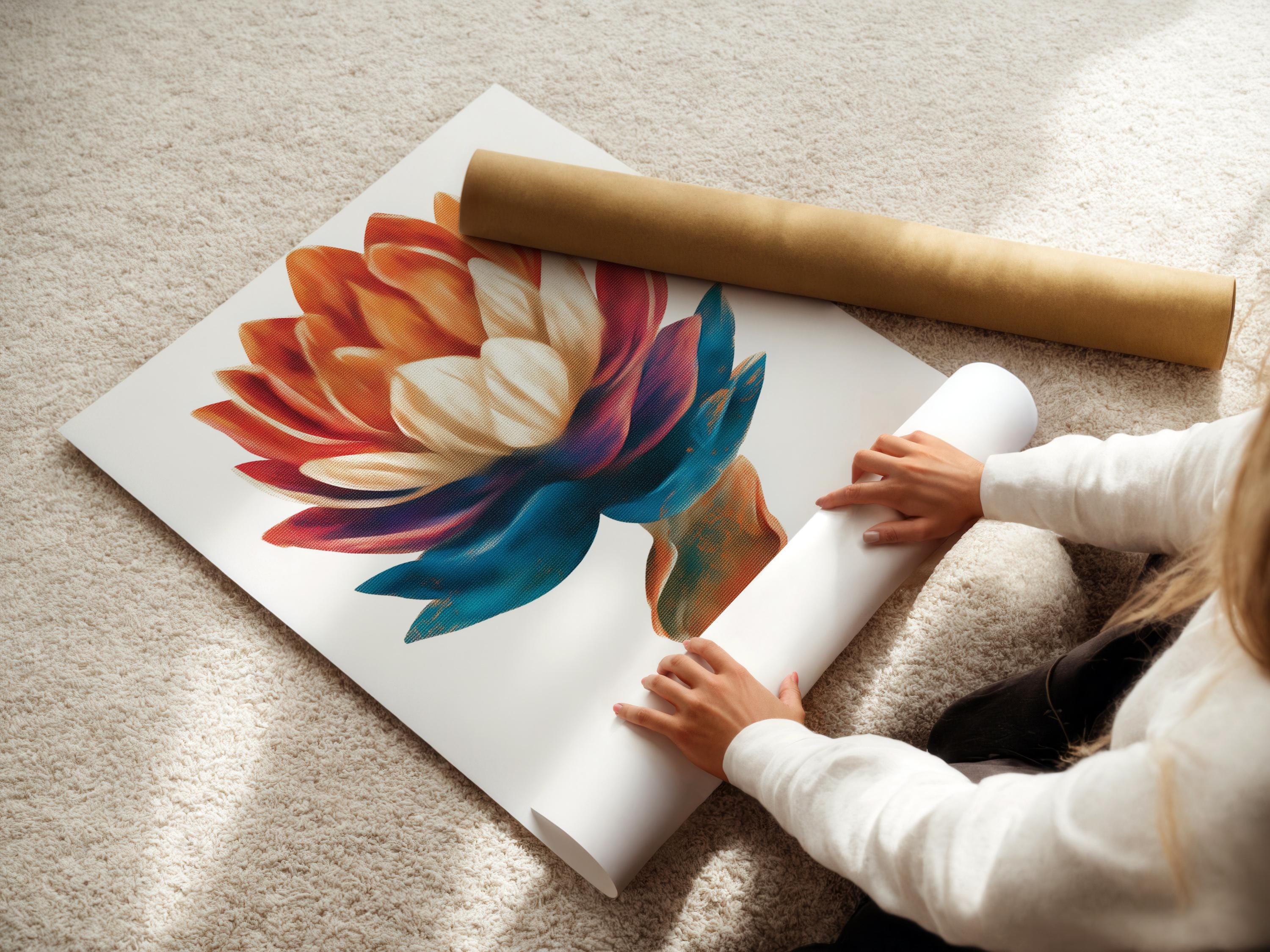 Stylised flower artwork with teal and coral petals and a cream centre on a pale background detail view