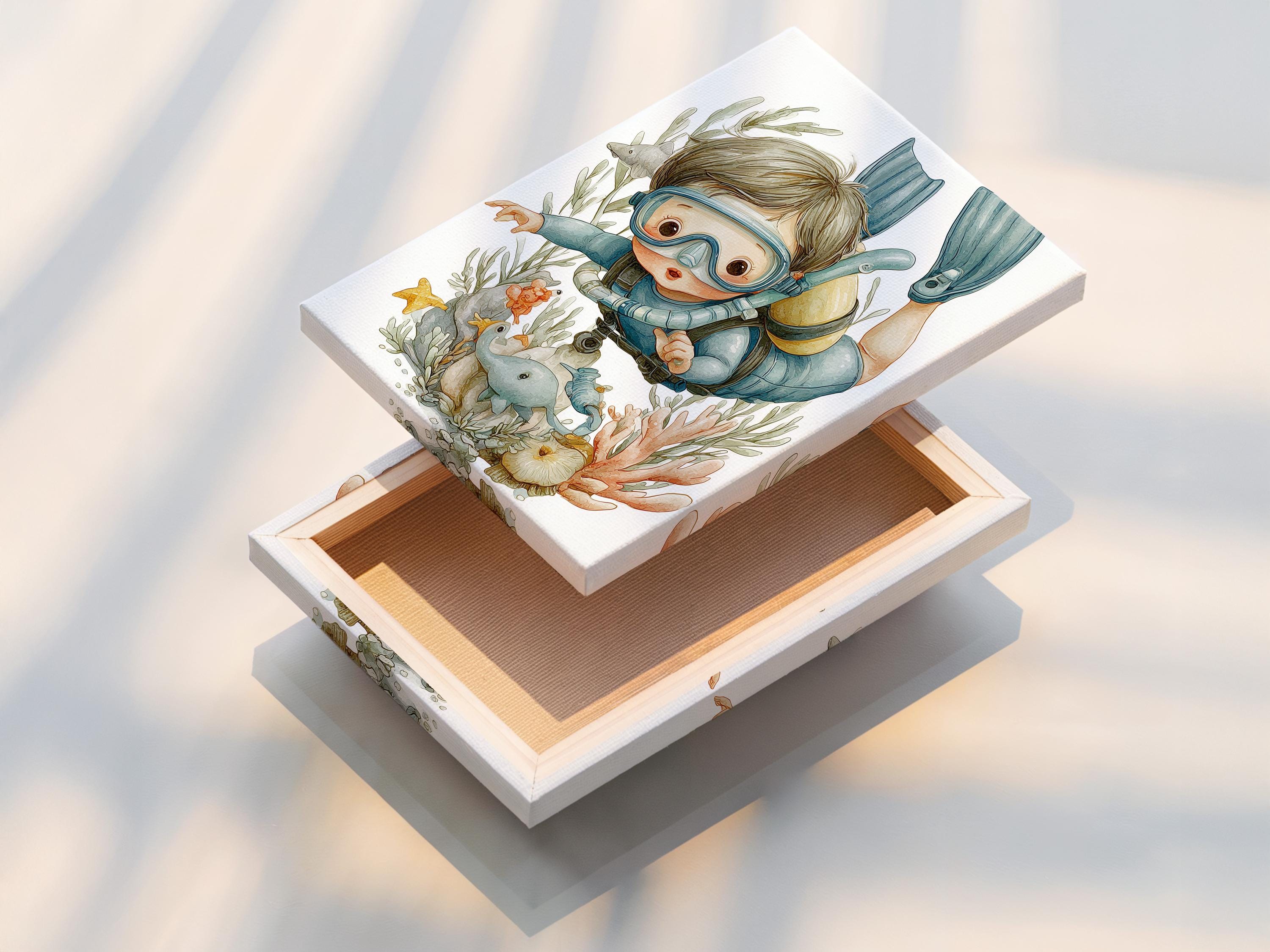 Illustrated child diver underwater scene with seaweed, fish and starfish detail view