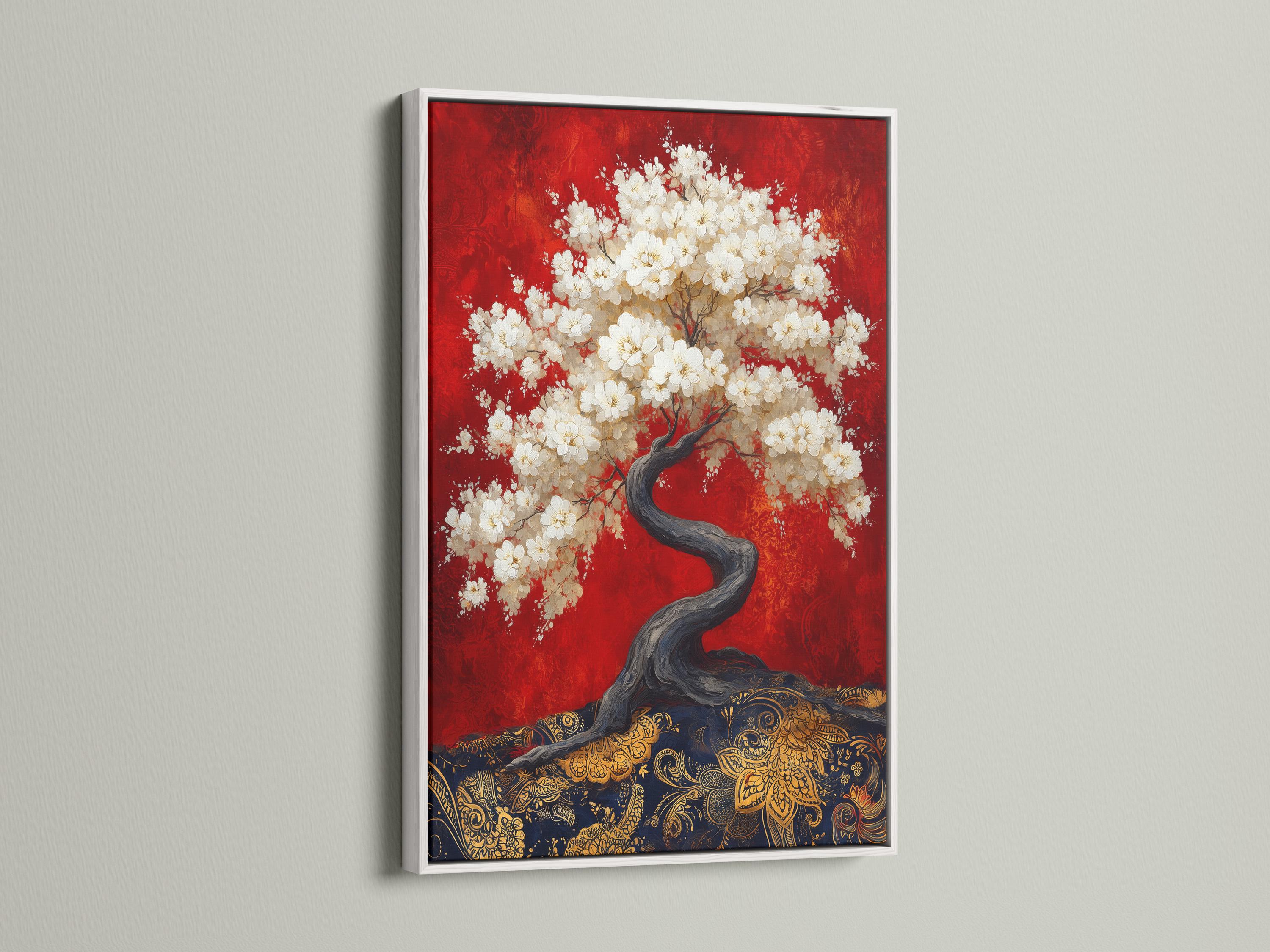 Spa reception scene with a woman seated at a reception desk and a cherry blossom tree artwork on the wall