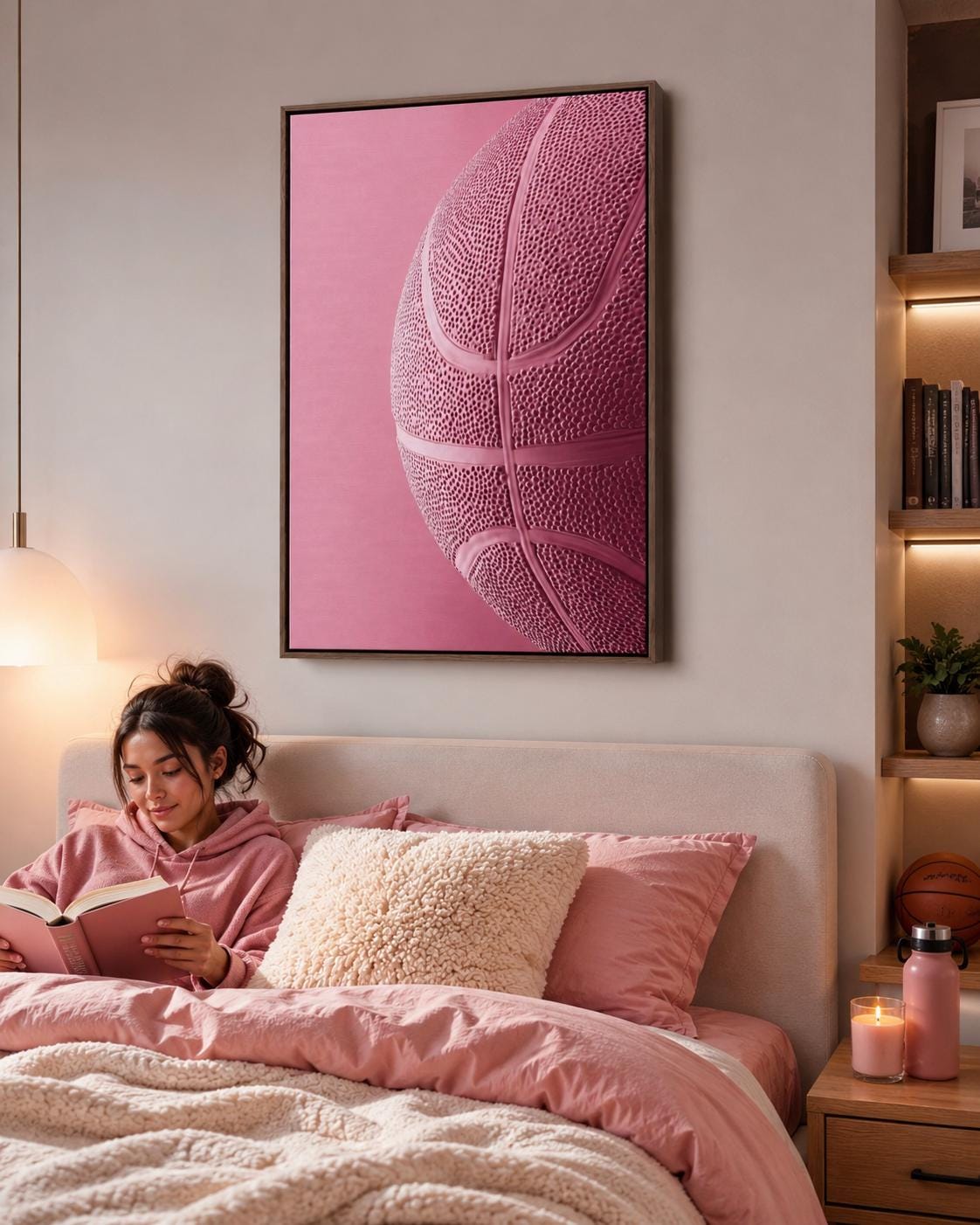 Woman sitting on a sofa beside a framed bubblegum pink basketball artwork