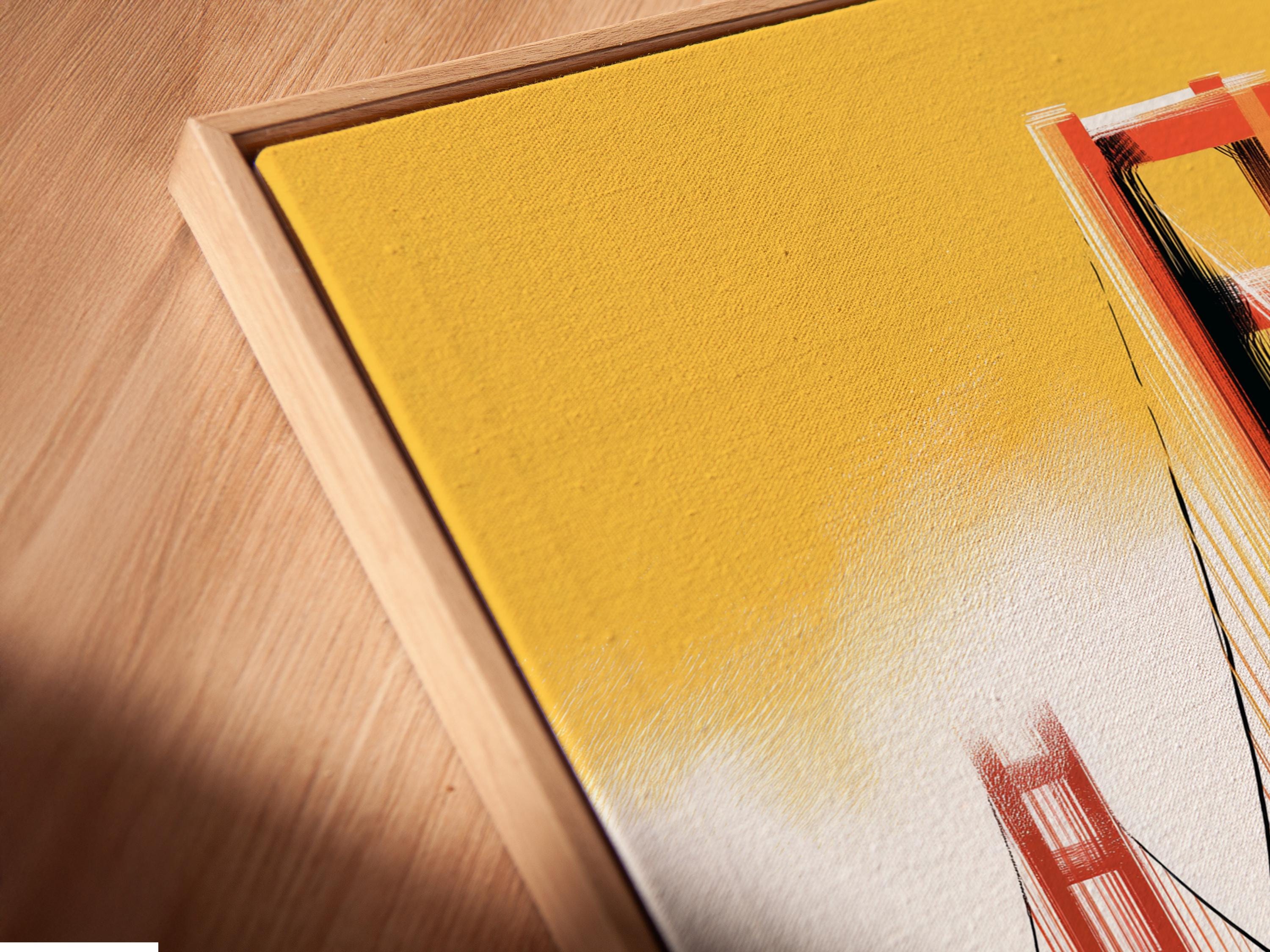 Bridge artwork in a framed display on a light background, with small colour swatches shown around it