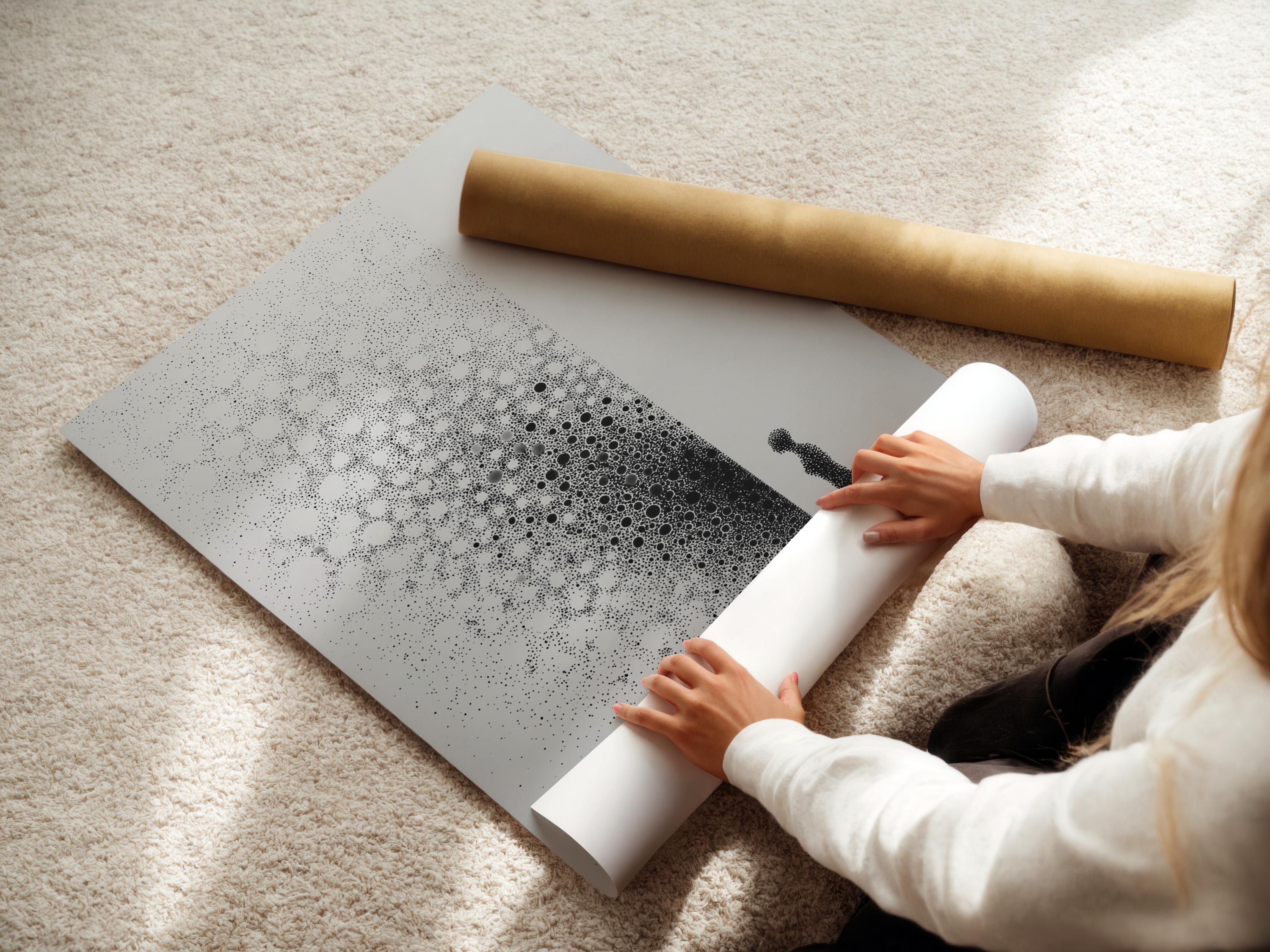 Monochrome abstract artwork with speckled dot clusters and an elongated figure silhouette detail view