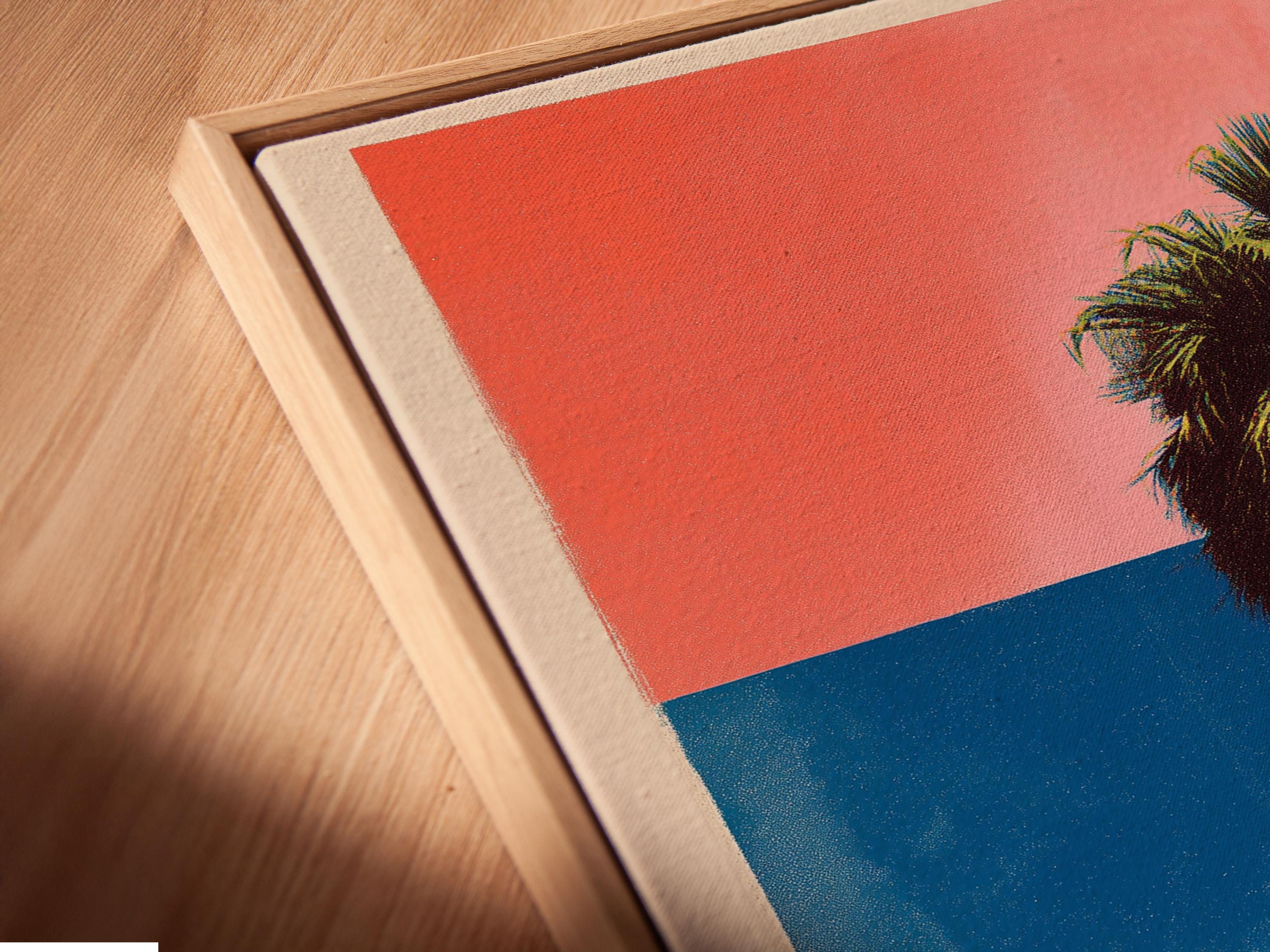 Retro geometric palm tree artwork with coral sky and turquoise blue blocks detail view