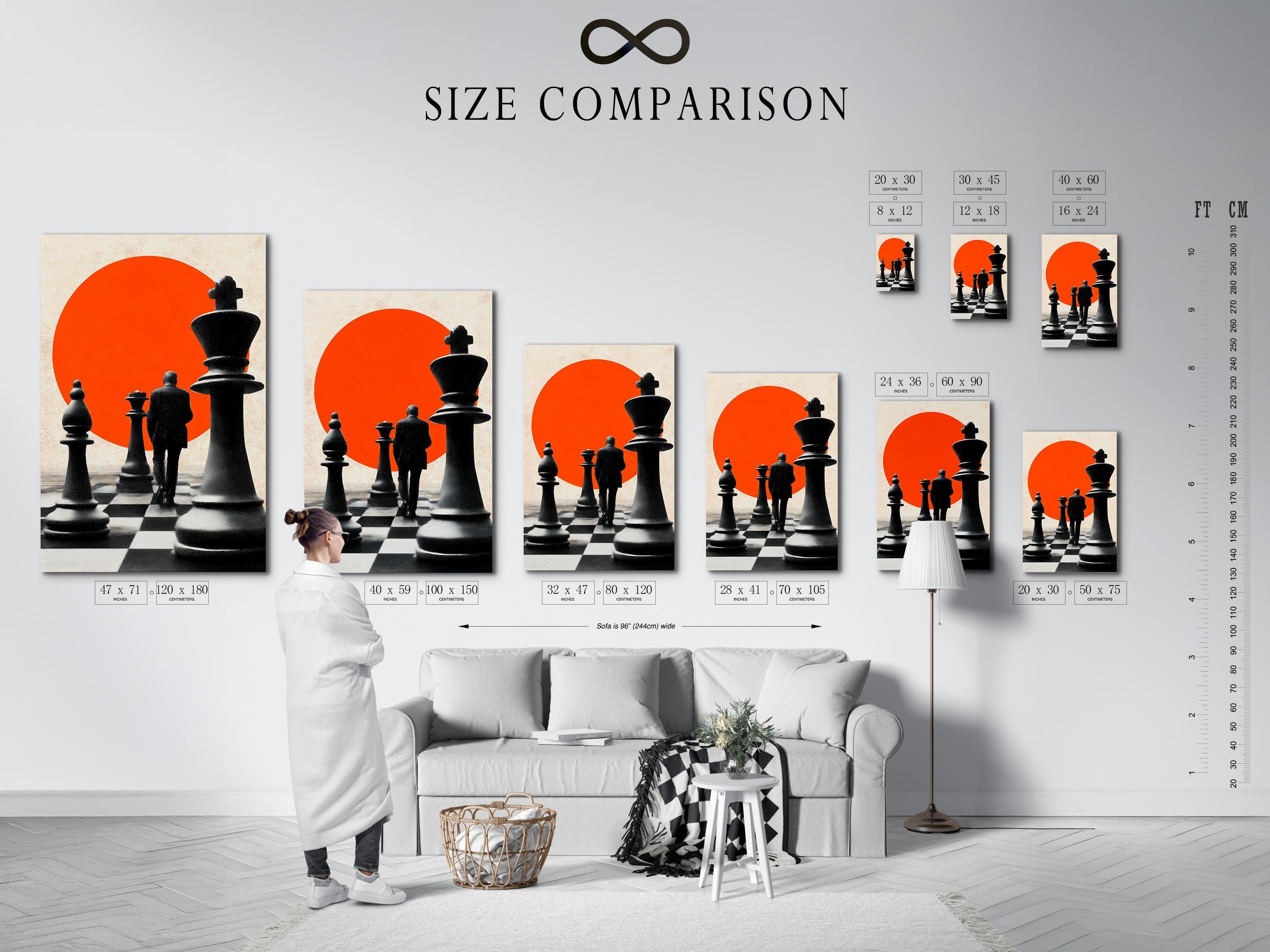 Chess canvas wall art in a frame, showing black pieces on a checkered floor with an orange circle backdrop