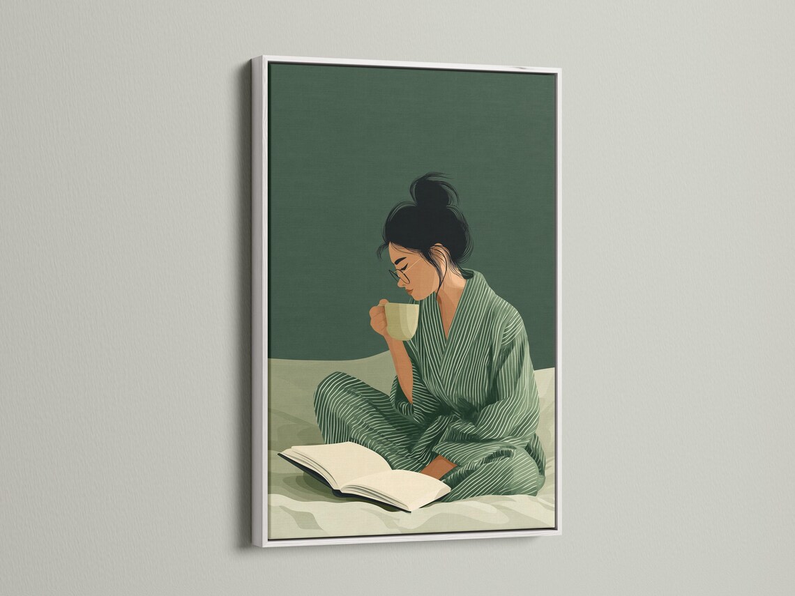 Stylised woman reading an open book with a cup, in muted sage green and cream tones detail view