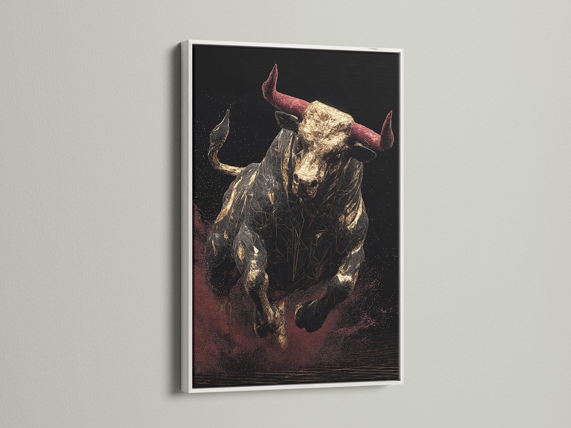 Geometric bull with gold facets, muted red horns and a dark speckled background detail view