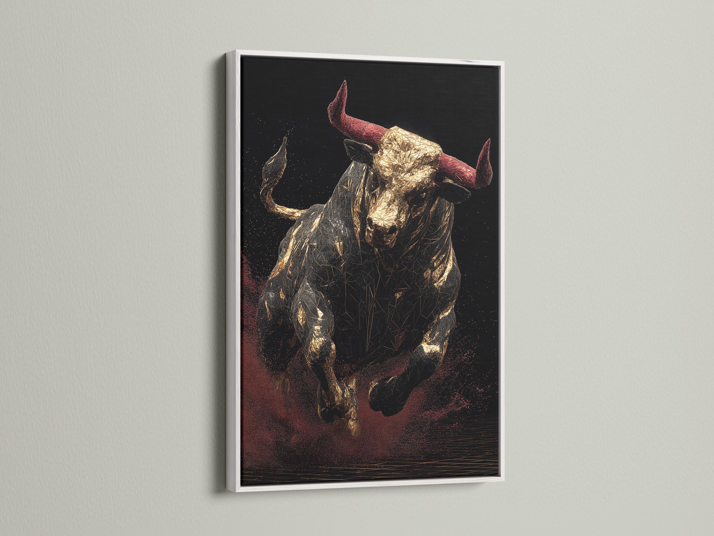 Geometric bull with gold facets, muted red horns and a dark speckled background detail view
