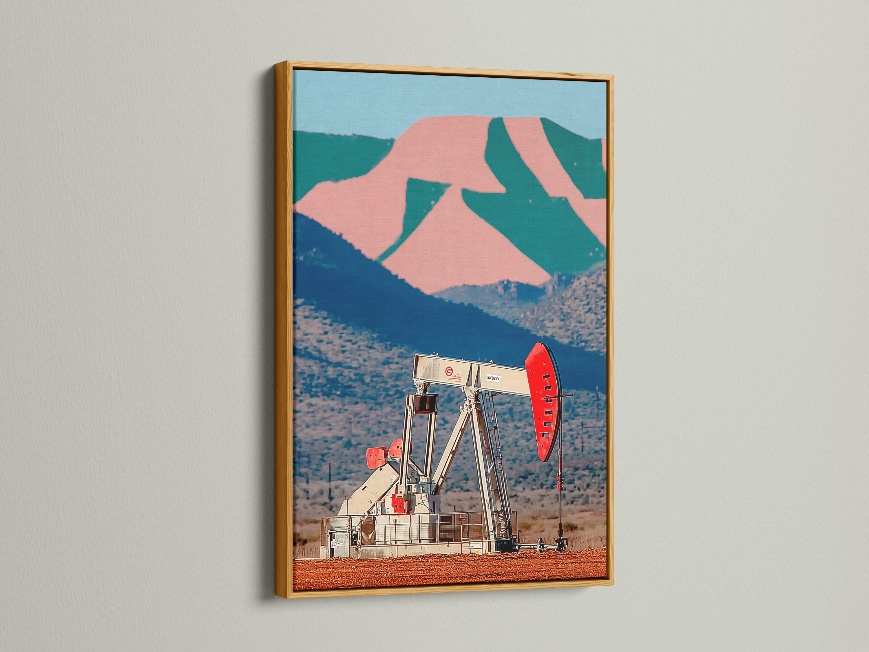 Retro oil pump rig artwork in a desert landscape with blue hills and pink rocks detail view