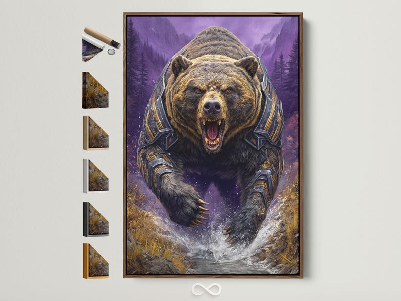 Roaring armoured bear in a purple mountain fantasy scene with gold accents and a white splash