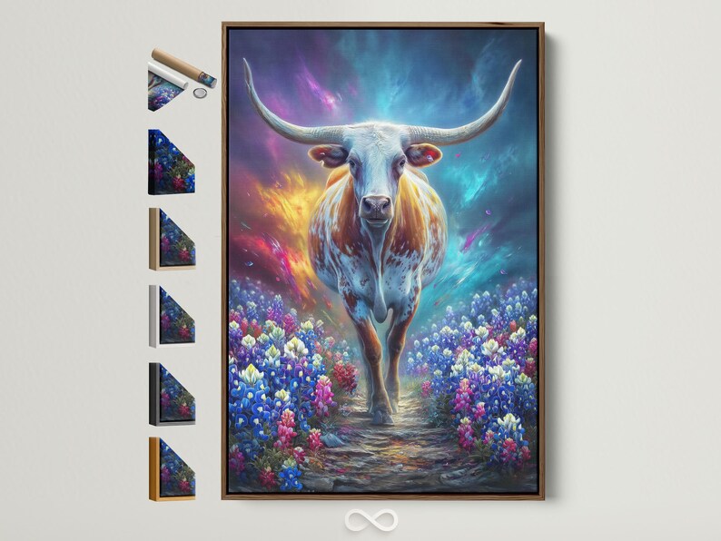 Longhorn bull standing in a colourful wildflower field under a glowing blue-purple sky