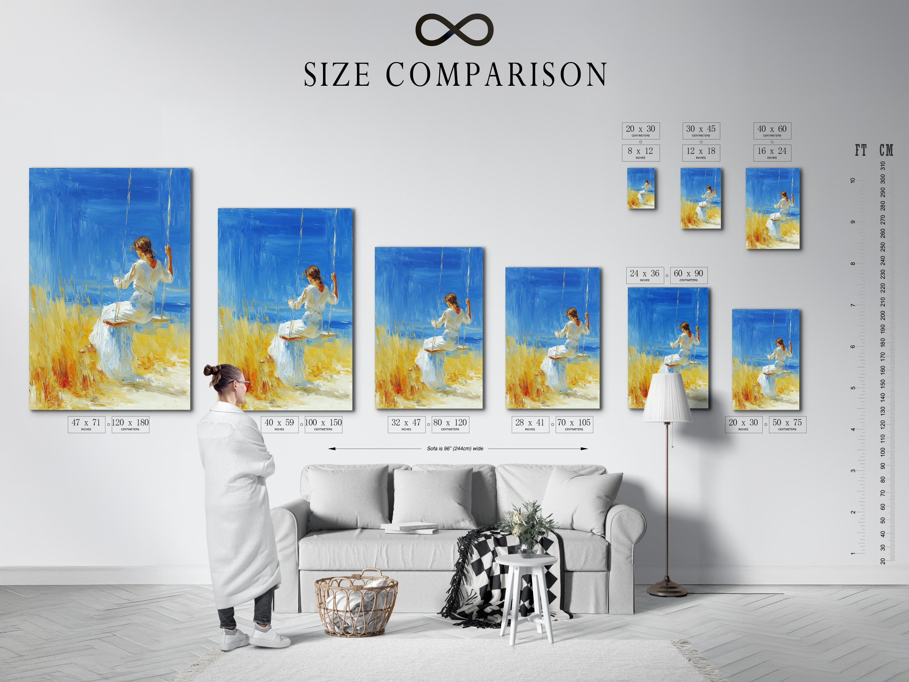 Framed artwork featuring a woman on a swing against a bright blue sky, with yellow grass