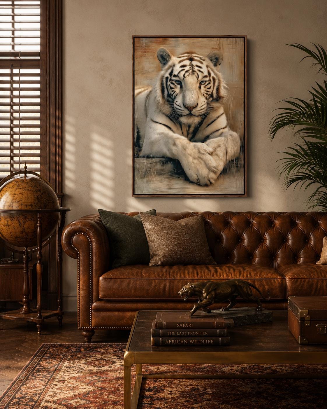 Office mockup with a tiger portrait artwork on the wall