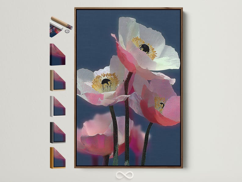 Textured poppy flowers with striped pink petals and gold centres on a deep blue background