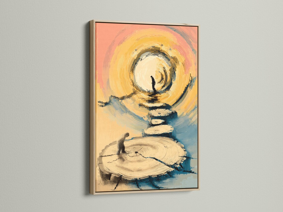 Abstract halo above curved steps with a small dark silhouette, in beige, gold and sky blue detail view