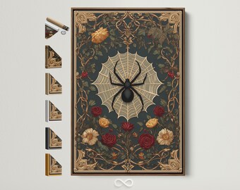 May include: A framed canvas art print featuring a black spider in a web, set against a dark teal background with floral and ornate gold accents. The artwork includes red and yellow roses, and a decorative border.