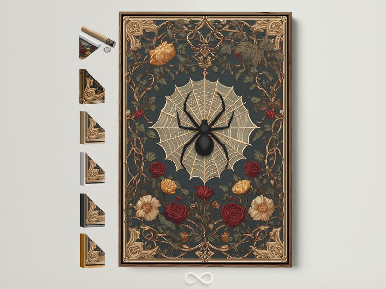 Ornate gothic artwork featuring a black spider on an ivory web surrounded by roses