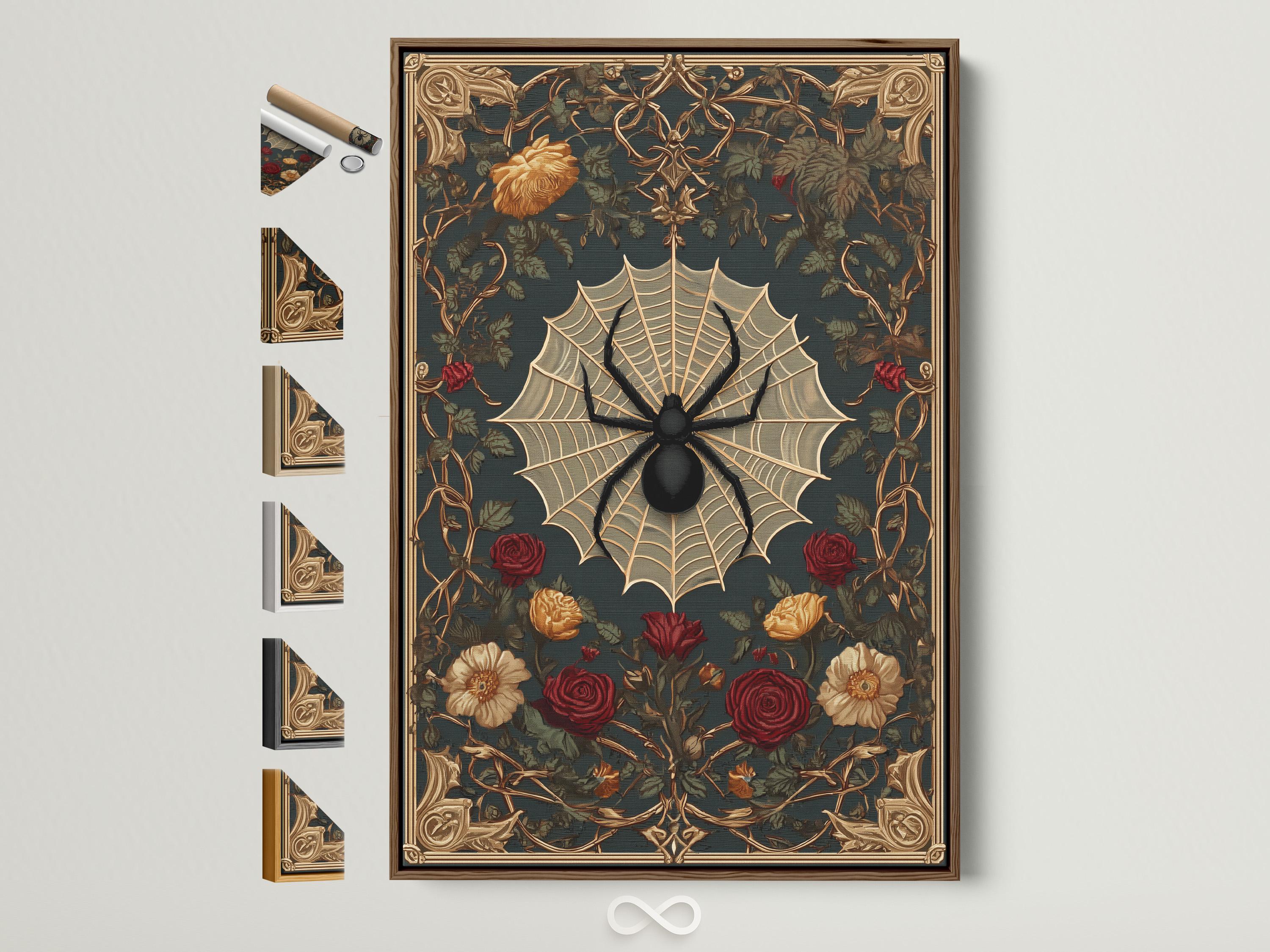 Ornate gothic artwork featuring a black spider on an ivory web surrounded by roses