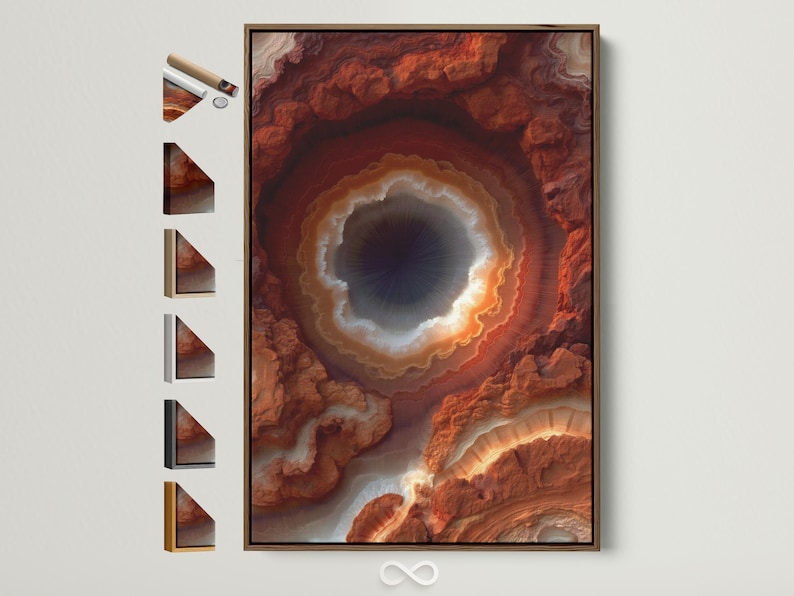 A rust orange geode-like abstract design shows a bright glowing ring around a dark centre, surrounded by marbled stone textures