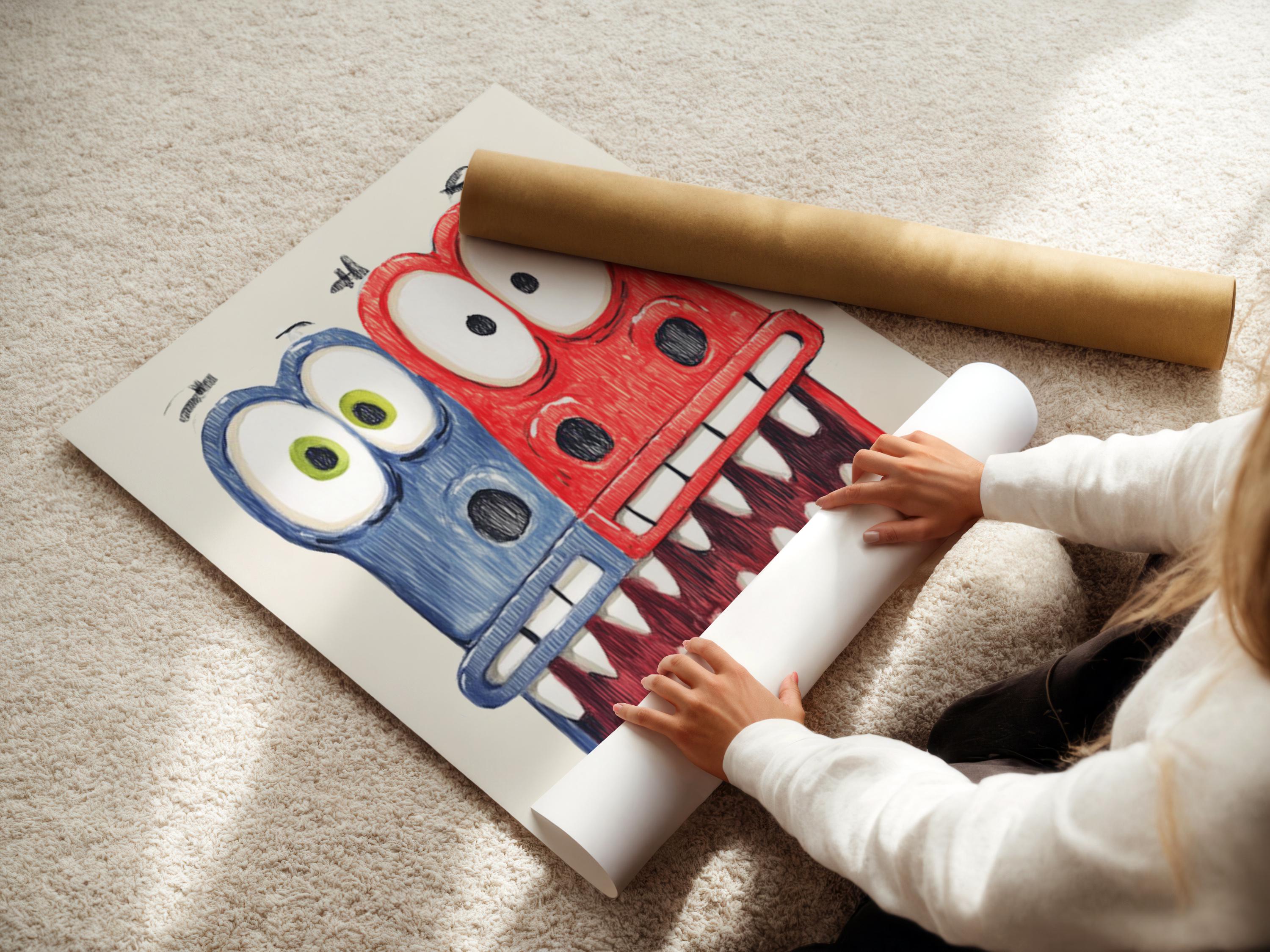 Red and blue cartoon monster with big eyes and a toothy grin on a pale background detail view