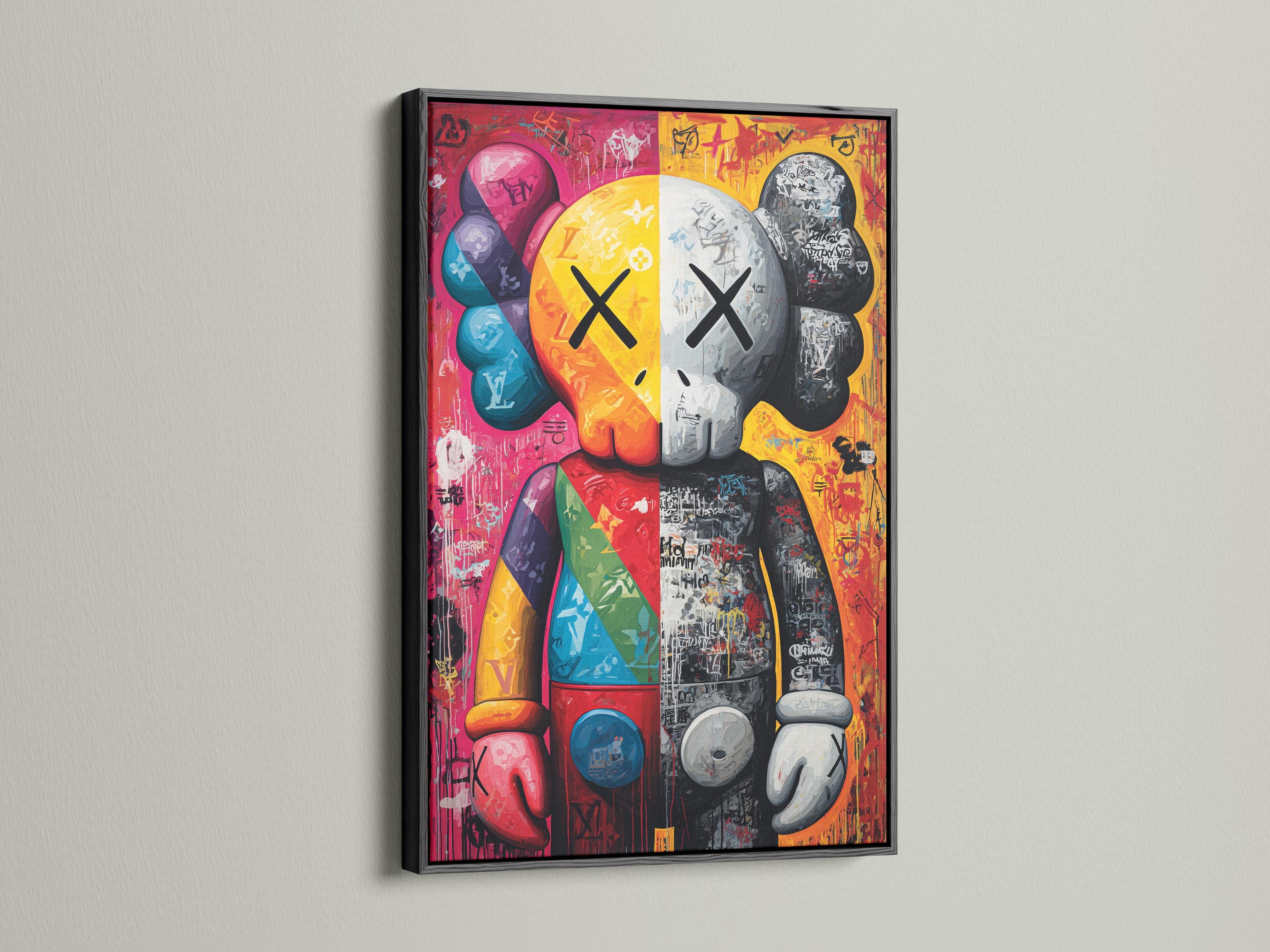 Vibrant graffiti pop art portrait with hot pink, yellow, blue and black-and-white sections detail view