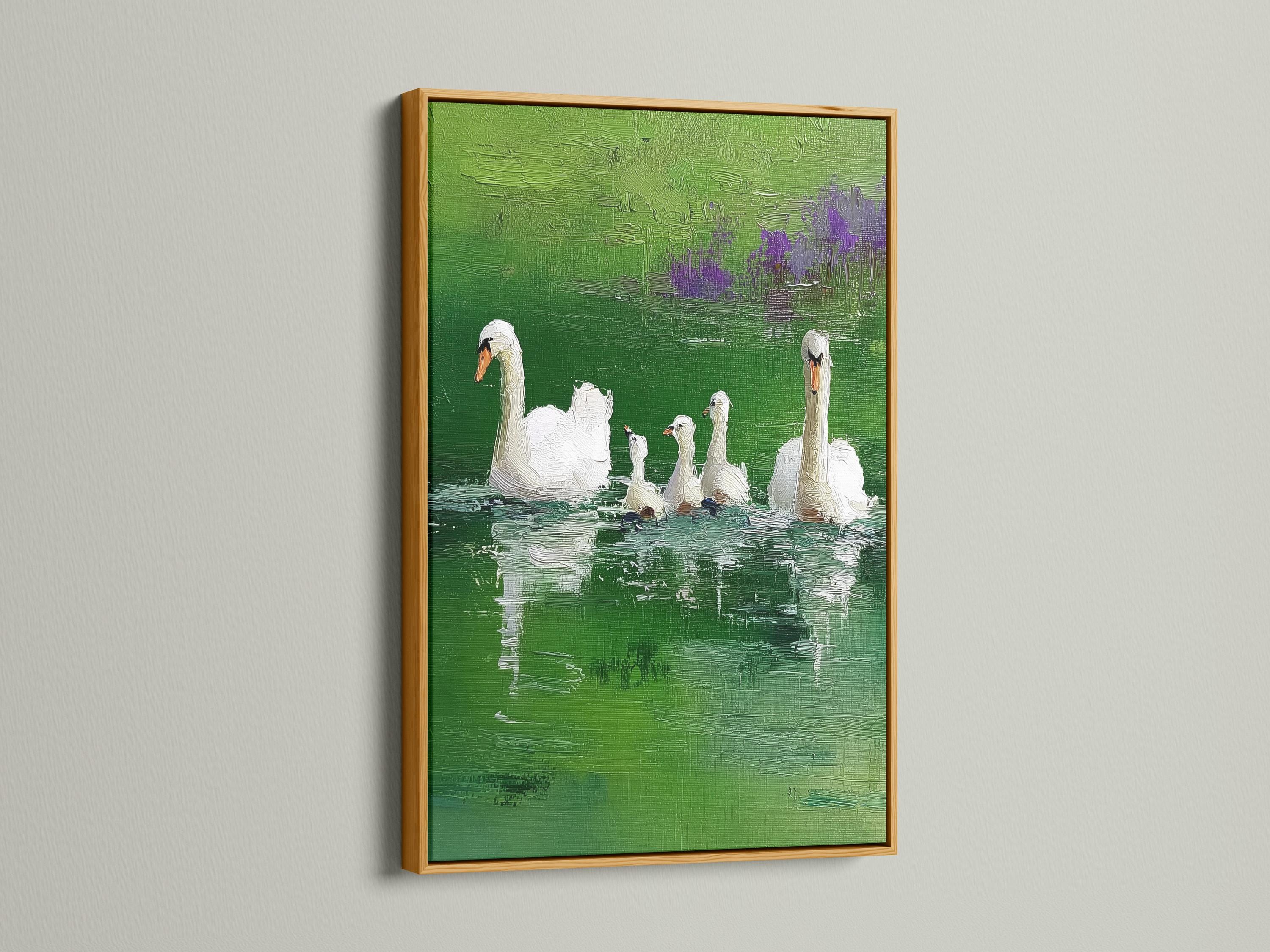 Room mockup with a framed green lake swan painting on a wall