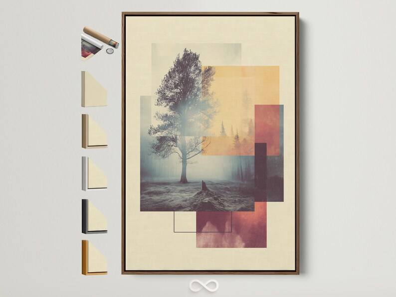 Abstract tree landscape with a lone tree silhouette and geometric beige, grey-blue and burgundy blocks