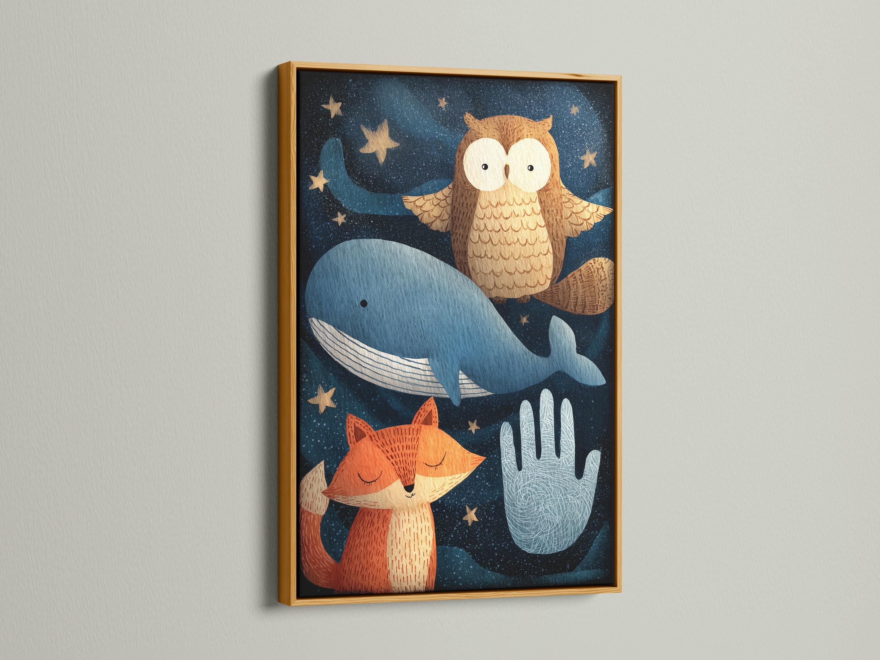 Owl perched above a blue whale with a smiling fox under starry night sky detail view