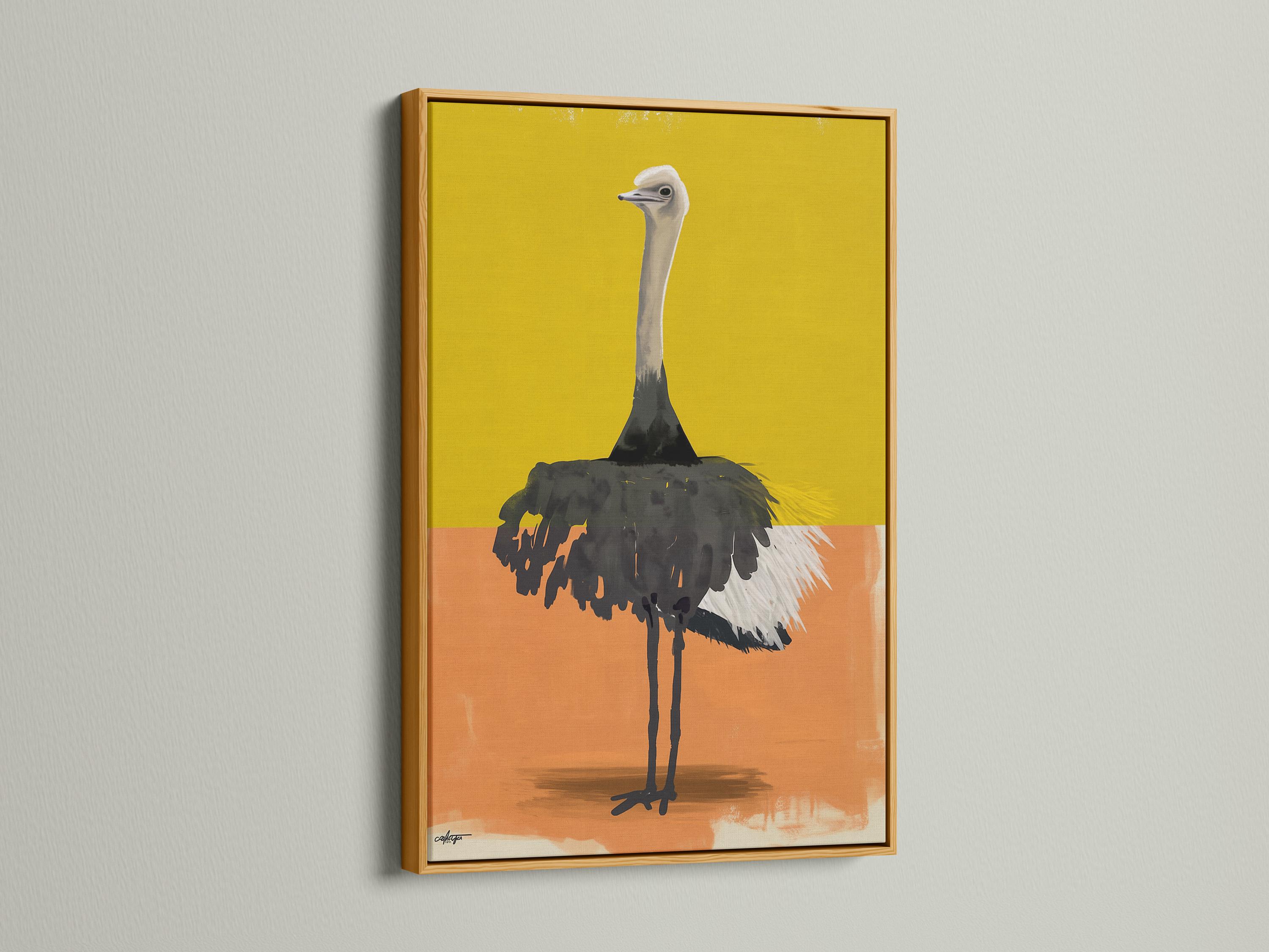 Stylised ostrich portrait in yellow and orange colour blocks with textured dark feathers detail view