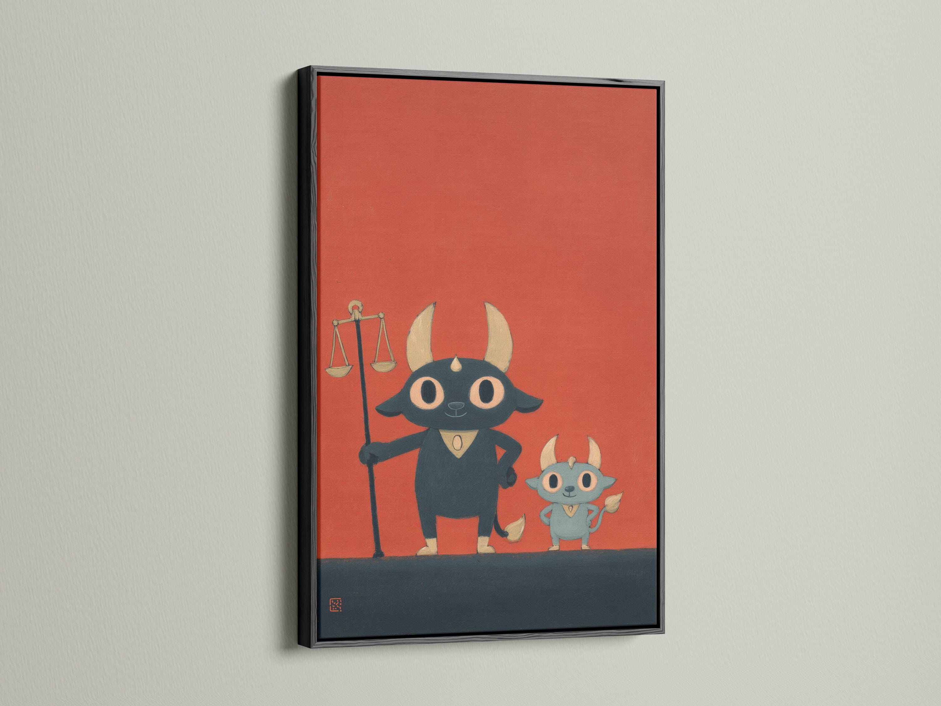 Cartoon bull character holding balancing scales on a coral-red background detail view