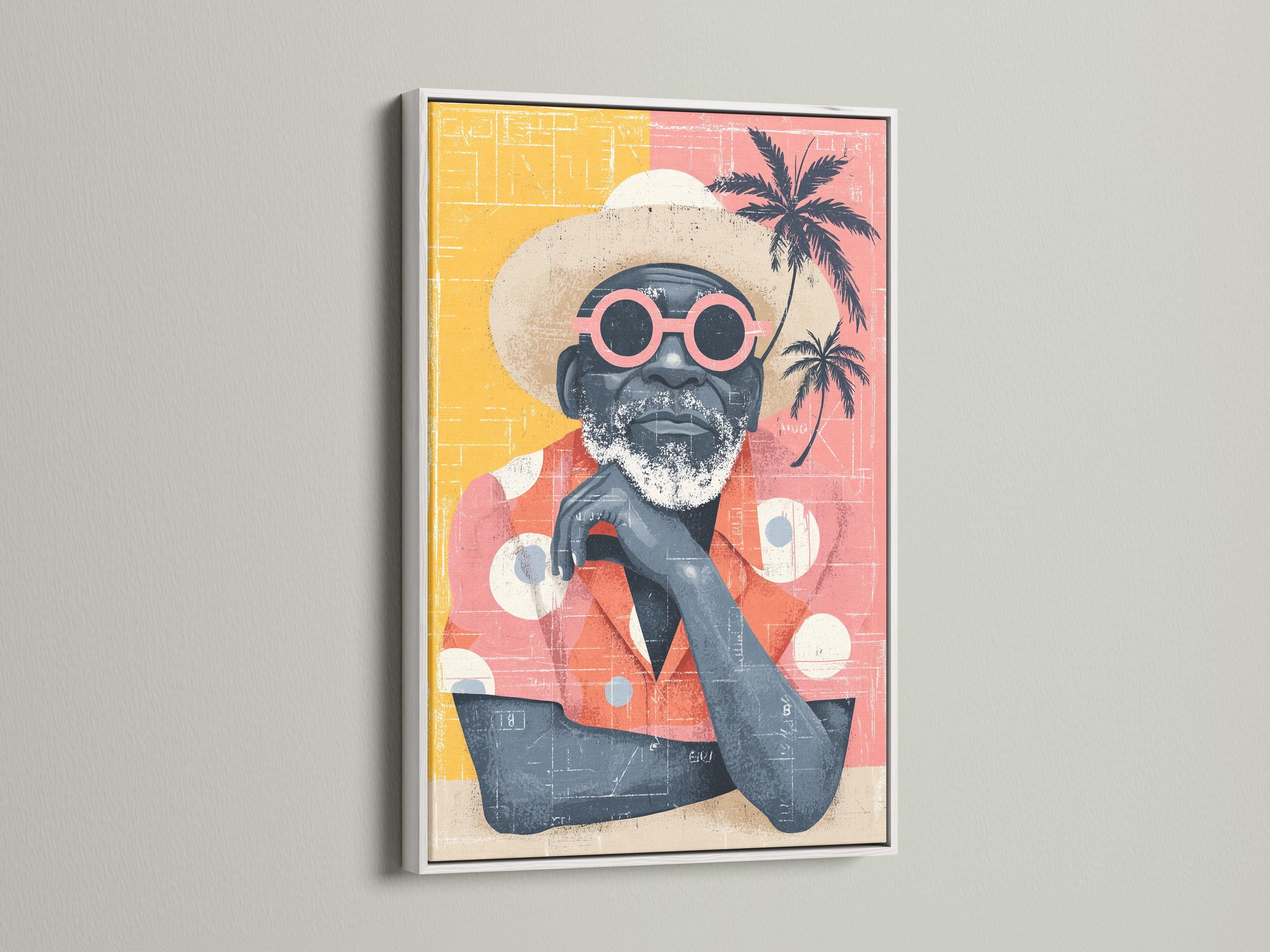 Retro portrait of a bearded man wearing oversized red-framed sunglasses with palm tree silhouettes detail view