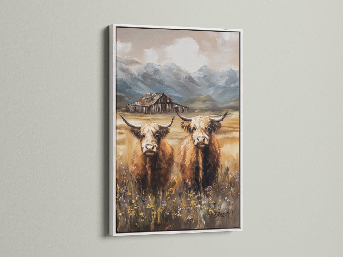 Painterly countryside scene with two horned cows, a barn, hills and cloudy sky detail view