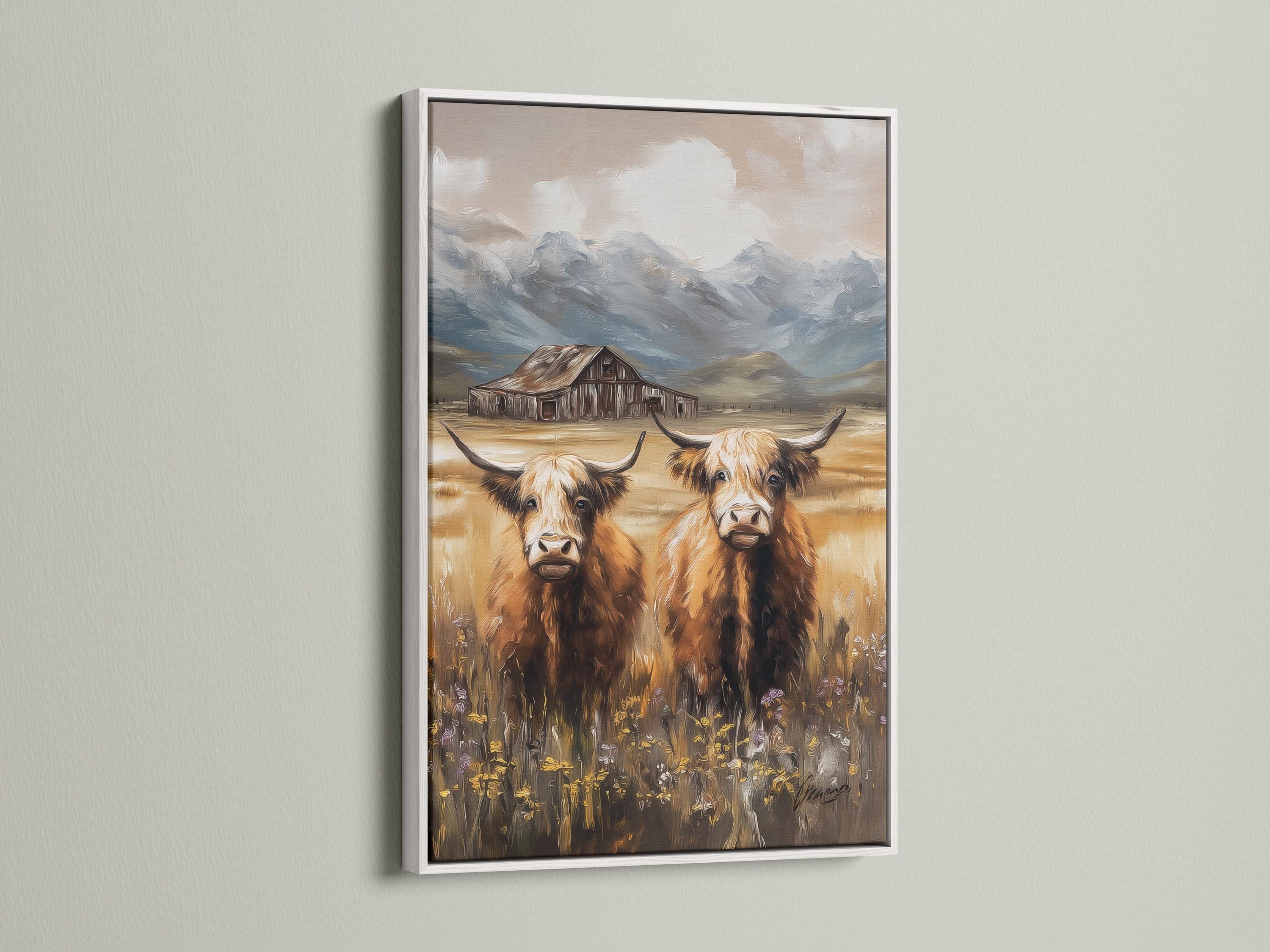Painterly countryside scene with two horned cows, a barn, hills and cloudy sky detail view