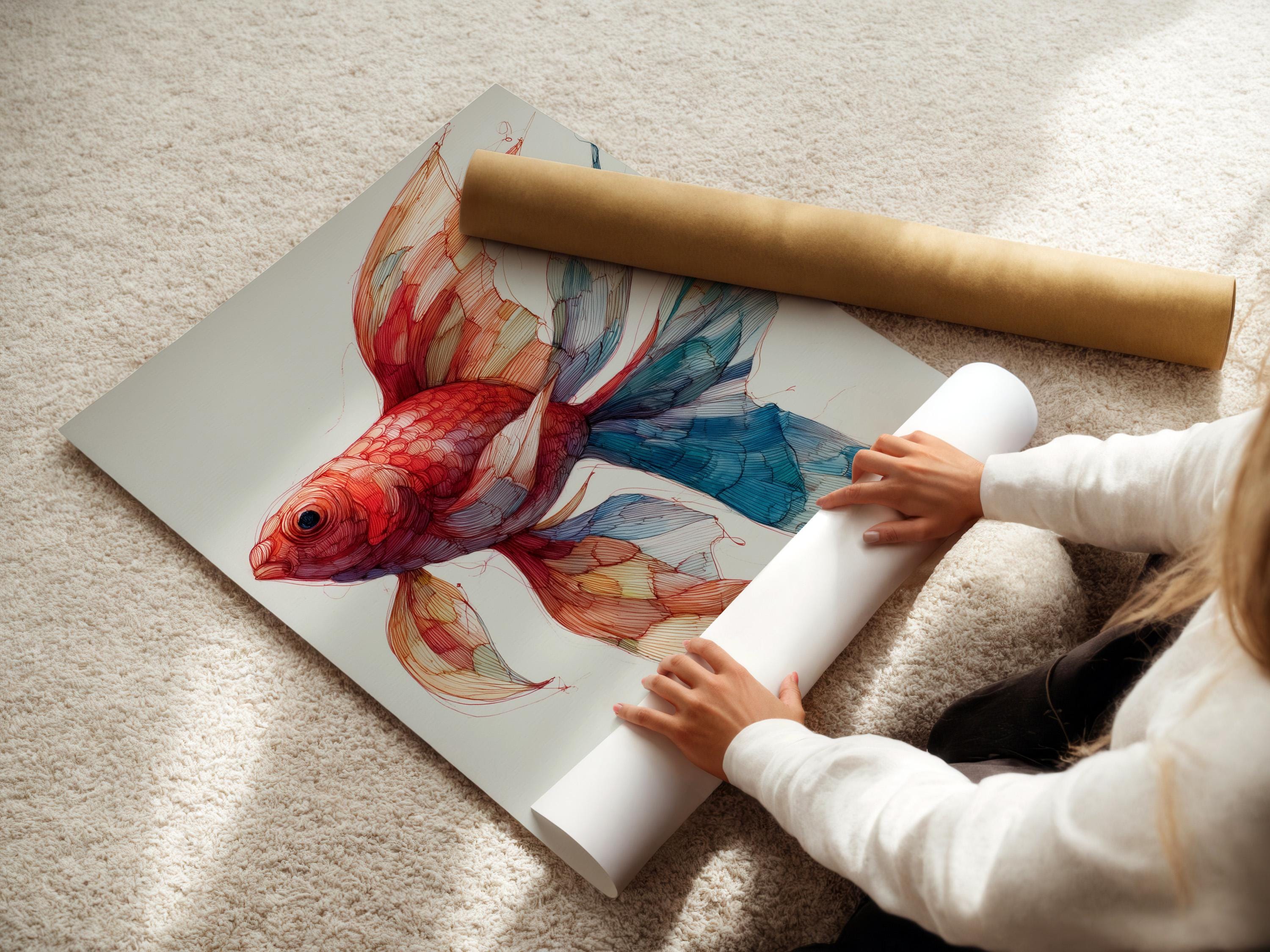 Room mockup showing a framed red goldfish illustration with teal and blue fins