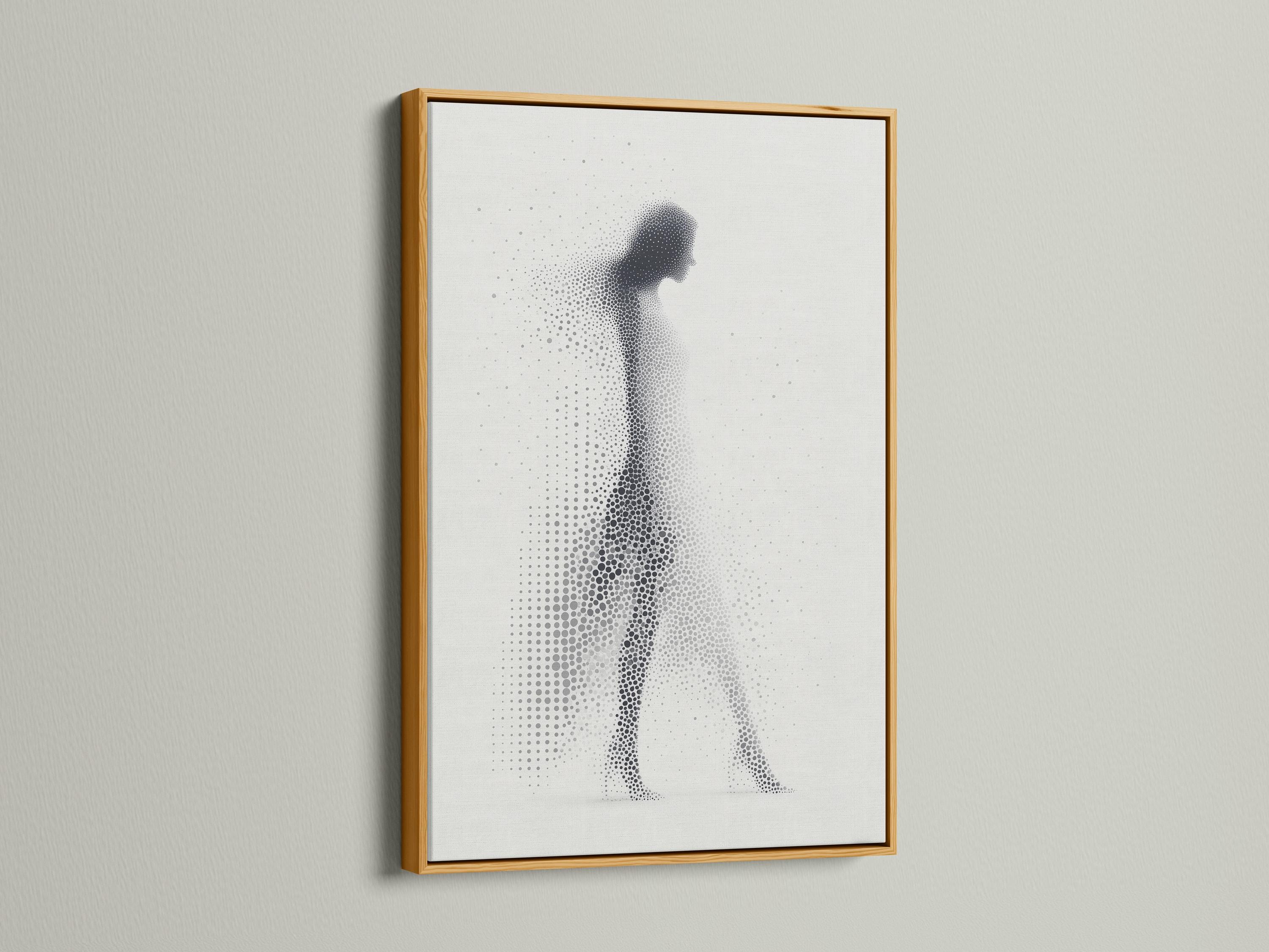 Grey-scale dotted silhouette of a standing human figure on a light background detail view