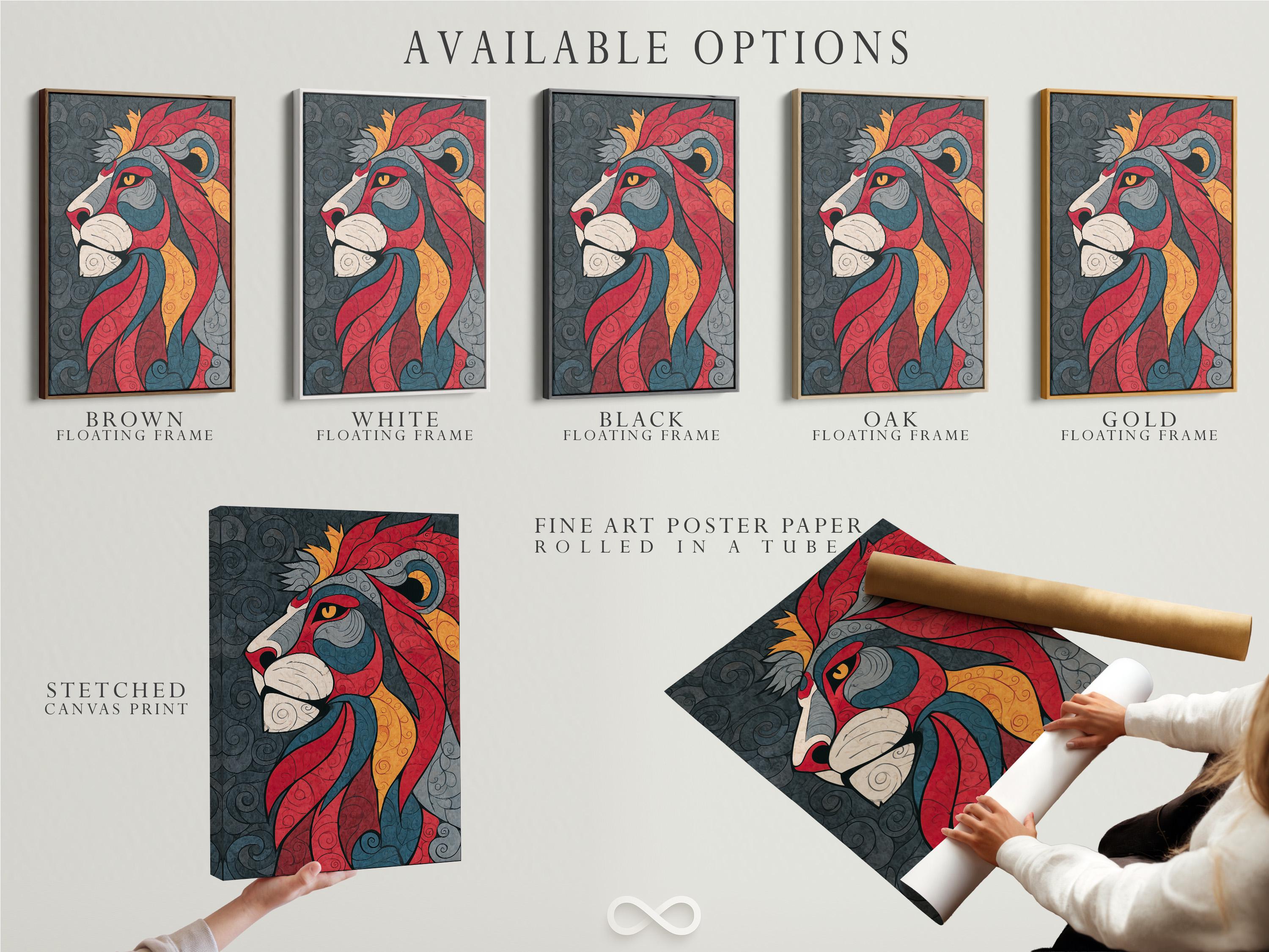 A stylised lion in bold reds, greys, and golds rests across a swirling patterned background with curled tail and mane shapes detail view