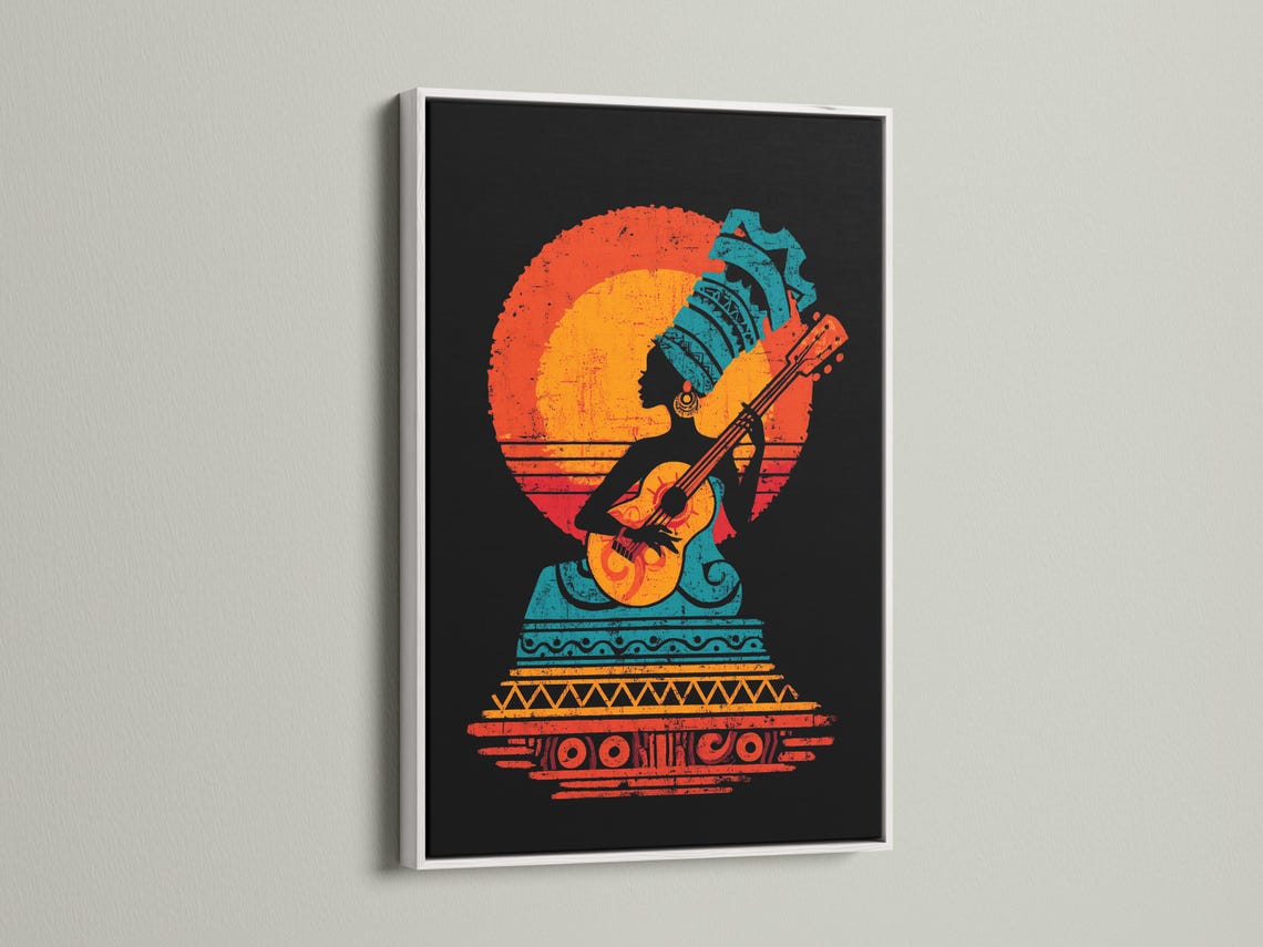 Stylised guitar player silhouette with orange-red sunburst and teal tribal pattern on a black background detail view