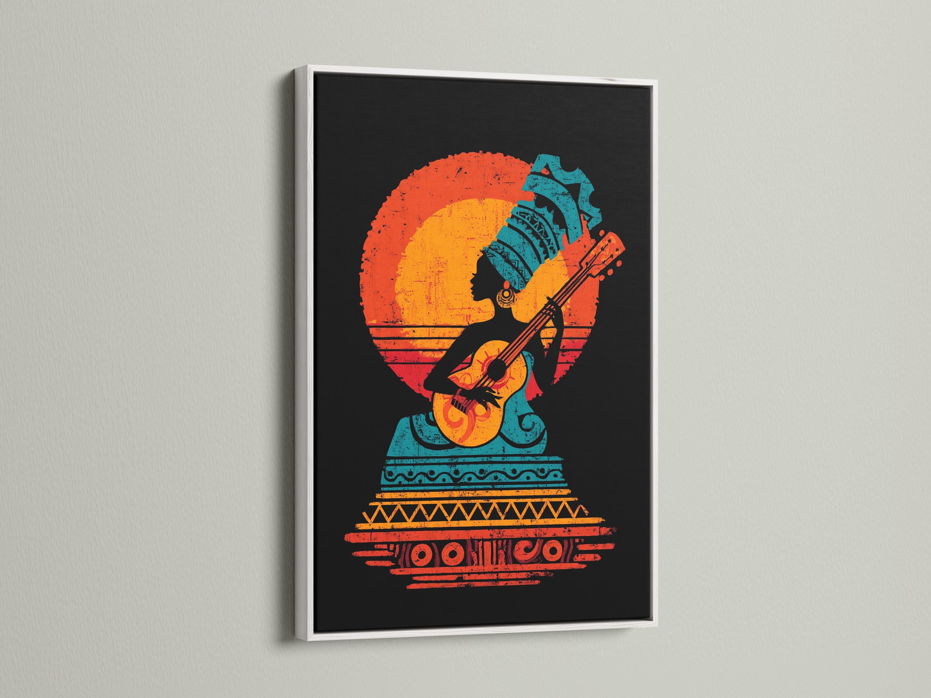 Stylised guitar player silhouette with orange-red sunburst and teal tribal pattern on a black background detail view