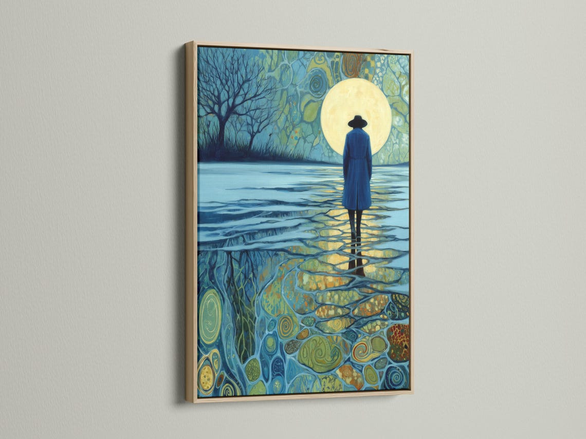 Moonlit night scene with a silhouetted figure standing in reflective water beneath a glowing moon detail view