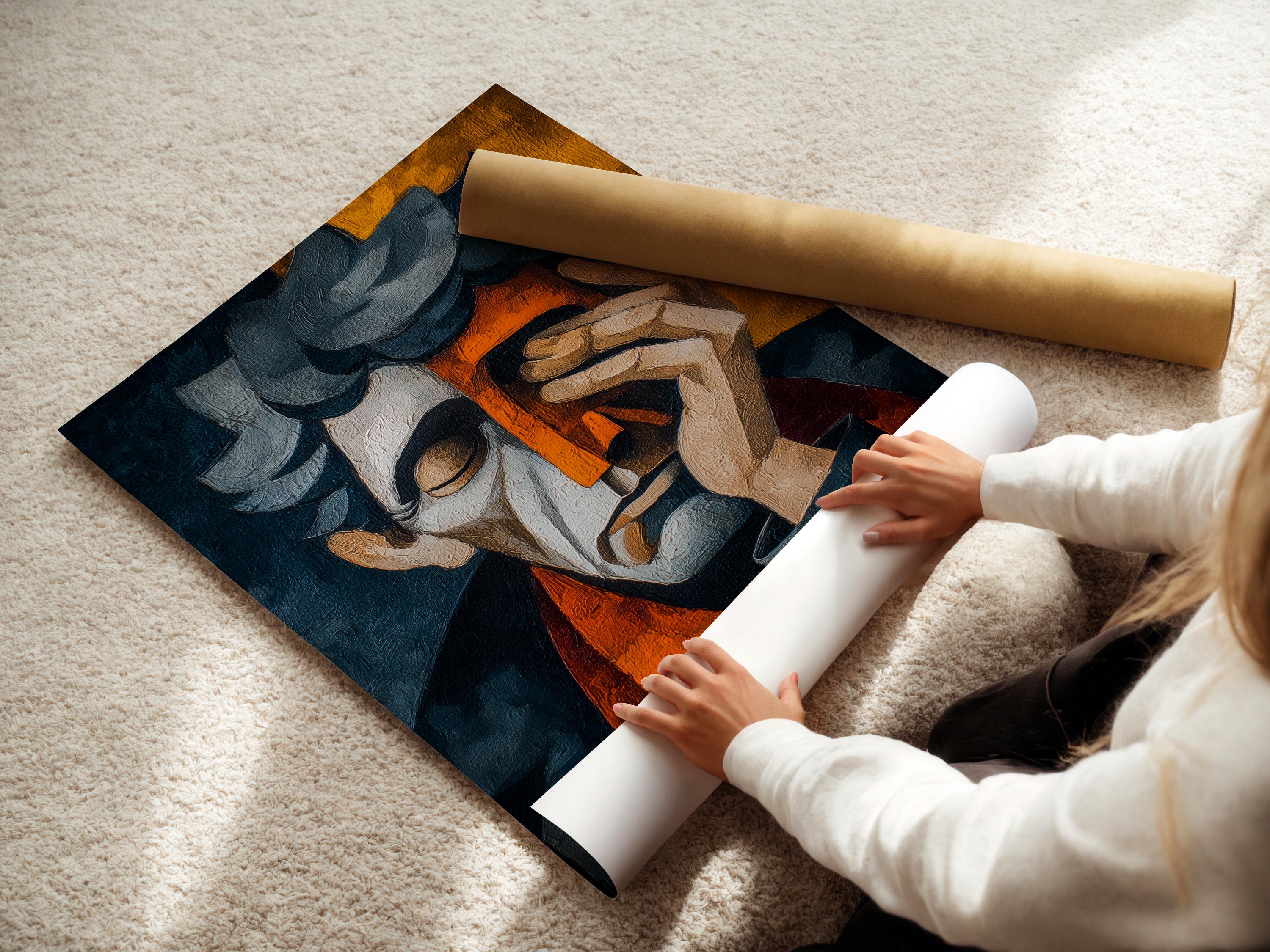 A textured abstract portrait figure in teal and navy, holding a book-like shape, with warm orange and golden blocks behind detail view