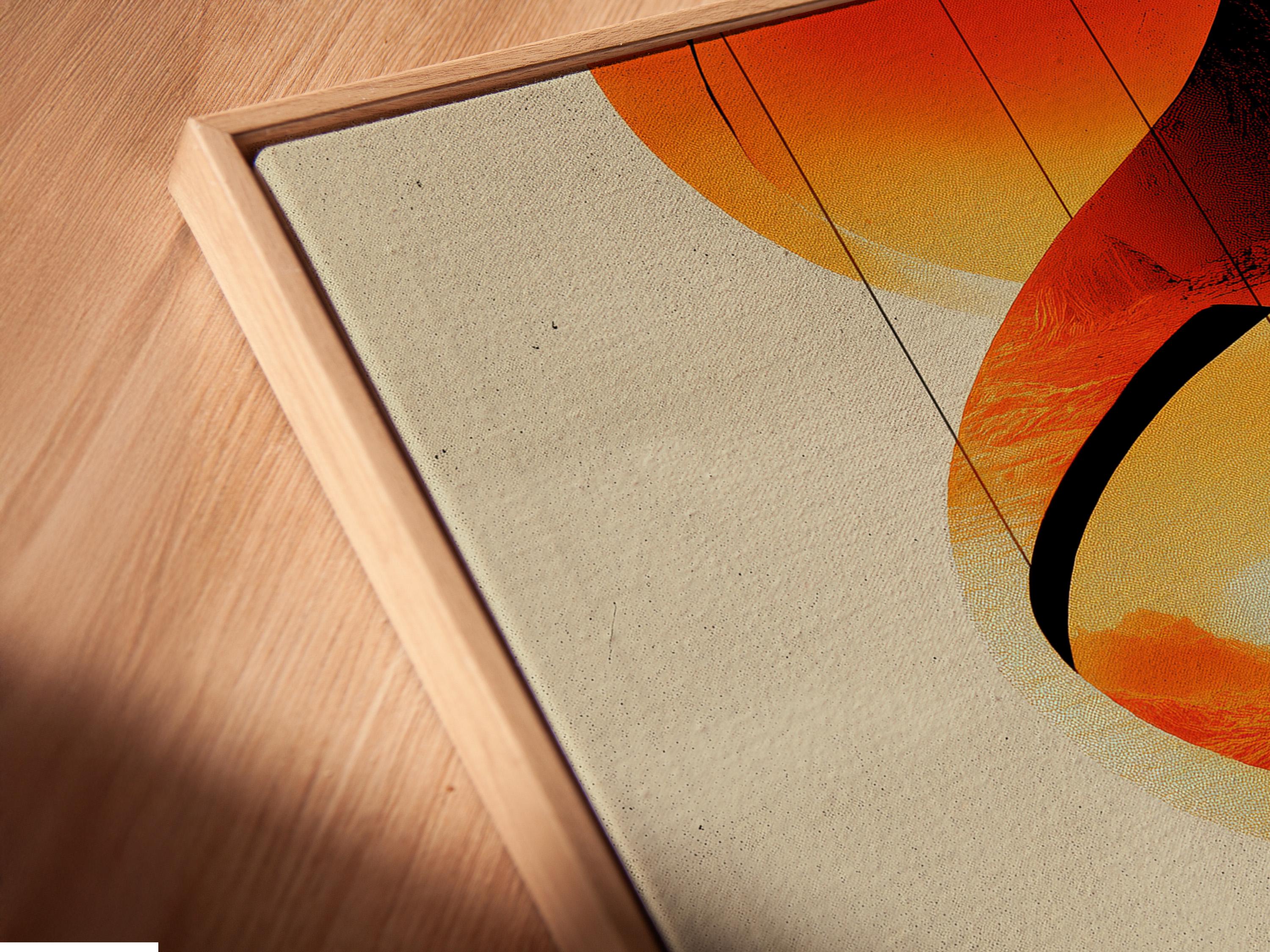 Surreal landscape with overlapping orange circles, black curved bands and a lone figure on a path detail view
